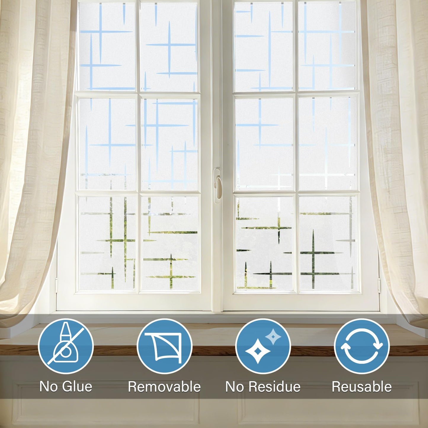 Finnez Frosted Window Film Non-Adhesive, Frosting Privacy Film for Glass Windows, Self Static-Cling Decorative Window Cling for Home Office UV Protection Cross Pattern 17.5 x 78.7 inches