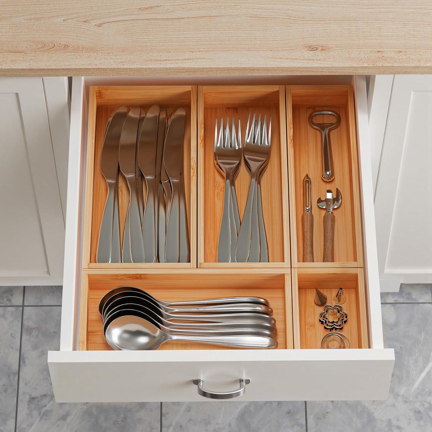 HUCINIUN Bamboo Drawer Organizer Boxes, 5 PCS Junk Drawer Organizer, Wooden Storage Trays for Kitchen, Bathroom, Office, Makeup