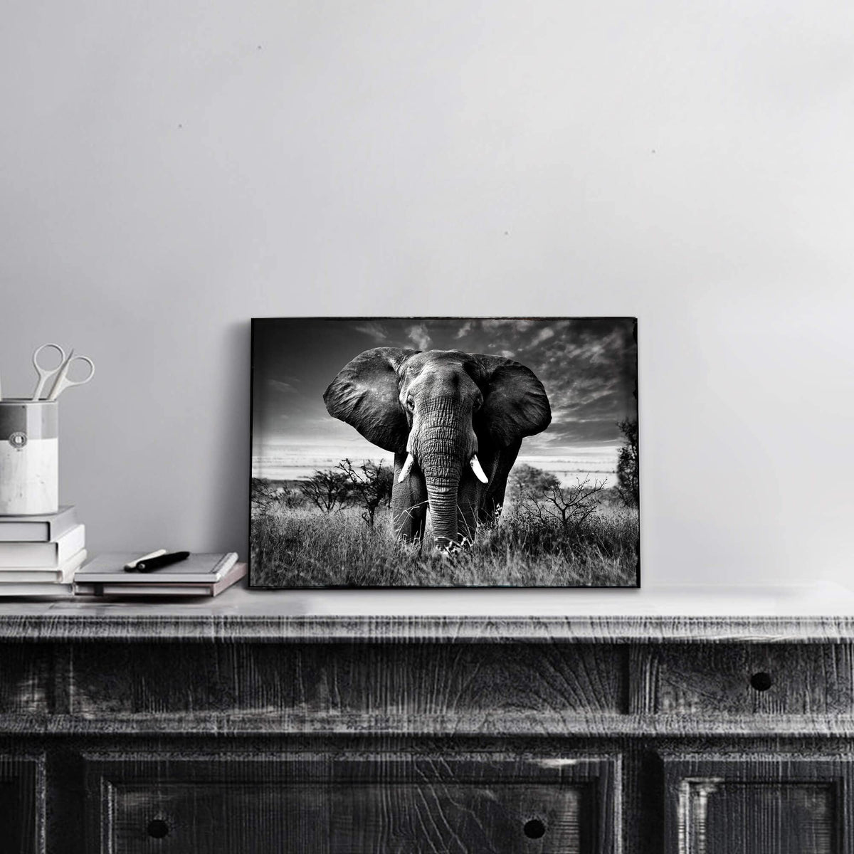 Elephant Black & White Wall Art - Rustic Canvas Painting - African Animal Picture - Natural Artwork for Bathroom & Bedroom Decor - 16x12 Inches