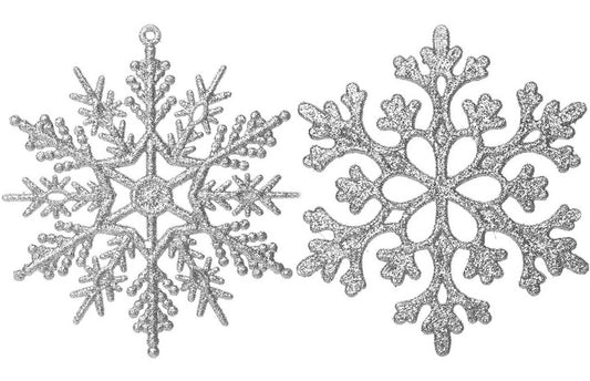 Eokeanon 36 Pack Silver Glitter Snowflake Ornaments, Plastic Christmas Glitter Snowflake Winter Wonderland Christmas Tree Decorations, 4 Inch, Silver