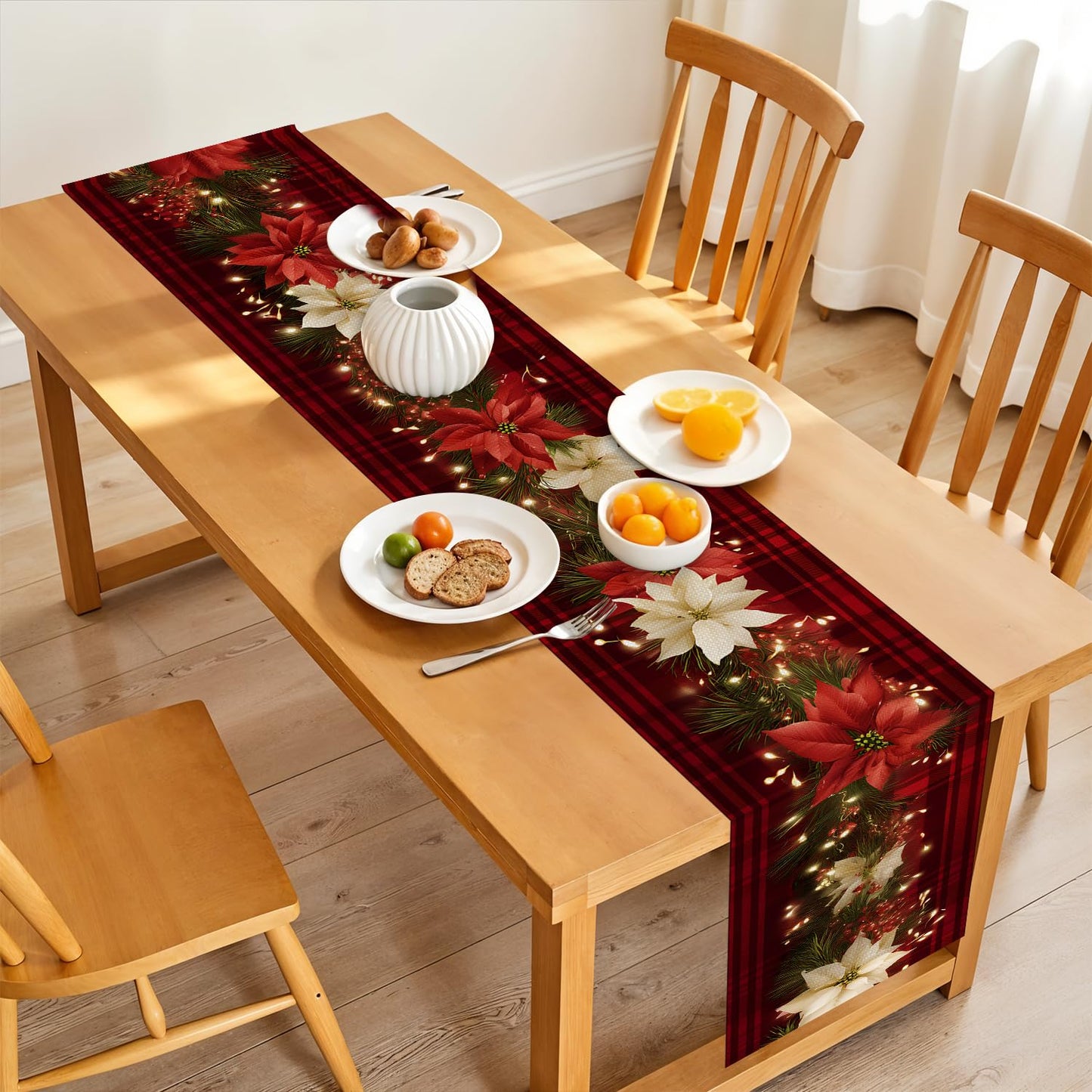 Christmas Table Runners and Placemats Set of 6, Red Plaid with Poinsettia & Floral Design, Perfect for Holiday Dining, 7-Piece Christmas Table Decoration