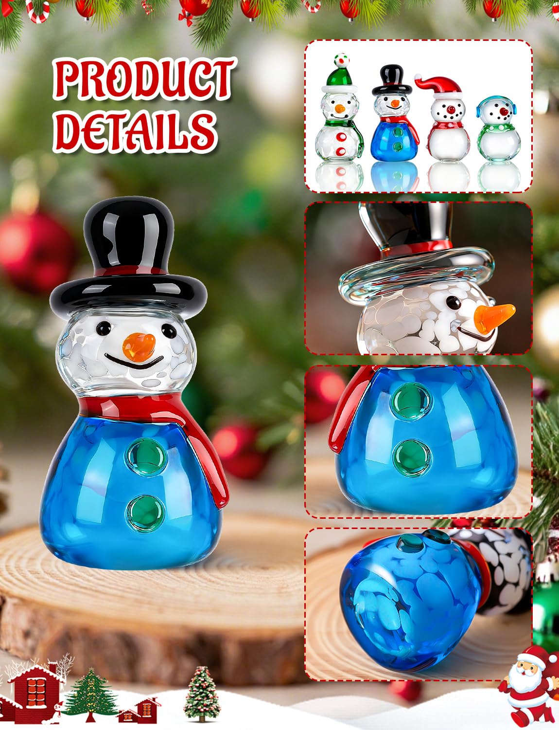ALDMIO 4Pcs Blown Glass Snowman Decor, Mini Snowman Christmas Figurines Art Decorations for Home Festival Xmas Decoration