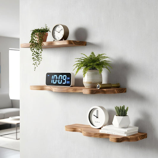 MBAIYO 3 Sets Small Floating Shelves for Wall,3 Size Live Edge Wooden Shelf Cloud Farmhouse Vintage Wall Decor with Metal Bracket for Living Room Bedroom(Brown)