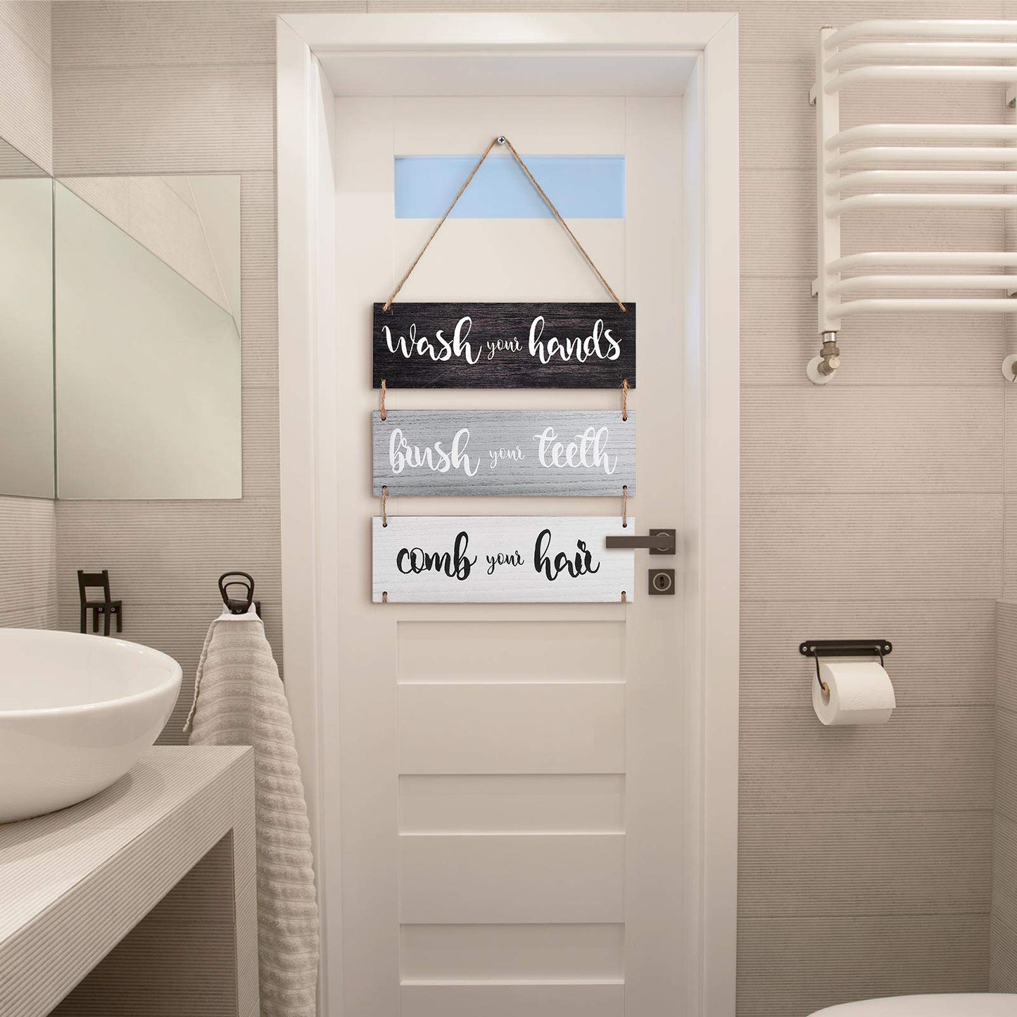 Jetec Farmhouse Bathroom Wall Decor Bath Rules Wall Art Sign Family Hanging Funny Wooden Hanging Sign Rustic Wood Decor for Home Bedroom Outdoor(Simple Pattern,Black, White, Gray)