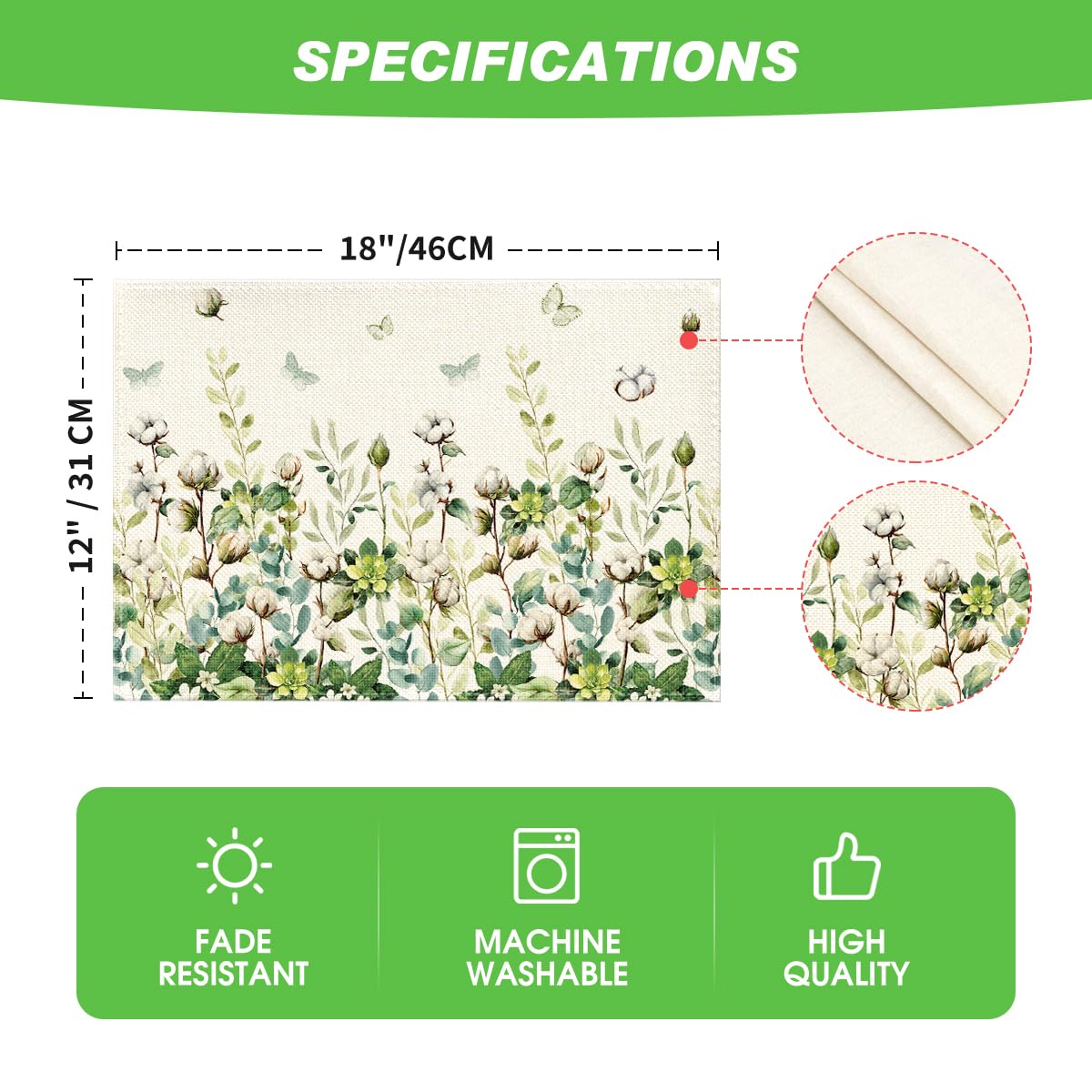Artoid Mode Cotton Plant Leaf Butterfly Spring Placemats Set of 4, 12x18 Inch Seasonal Summer Holiday Table Mats for Party Kitchen Dining Decoration