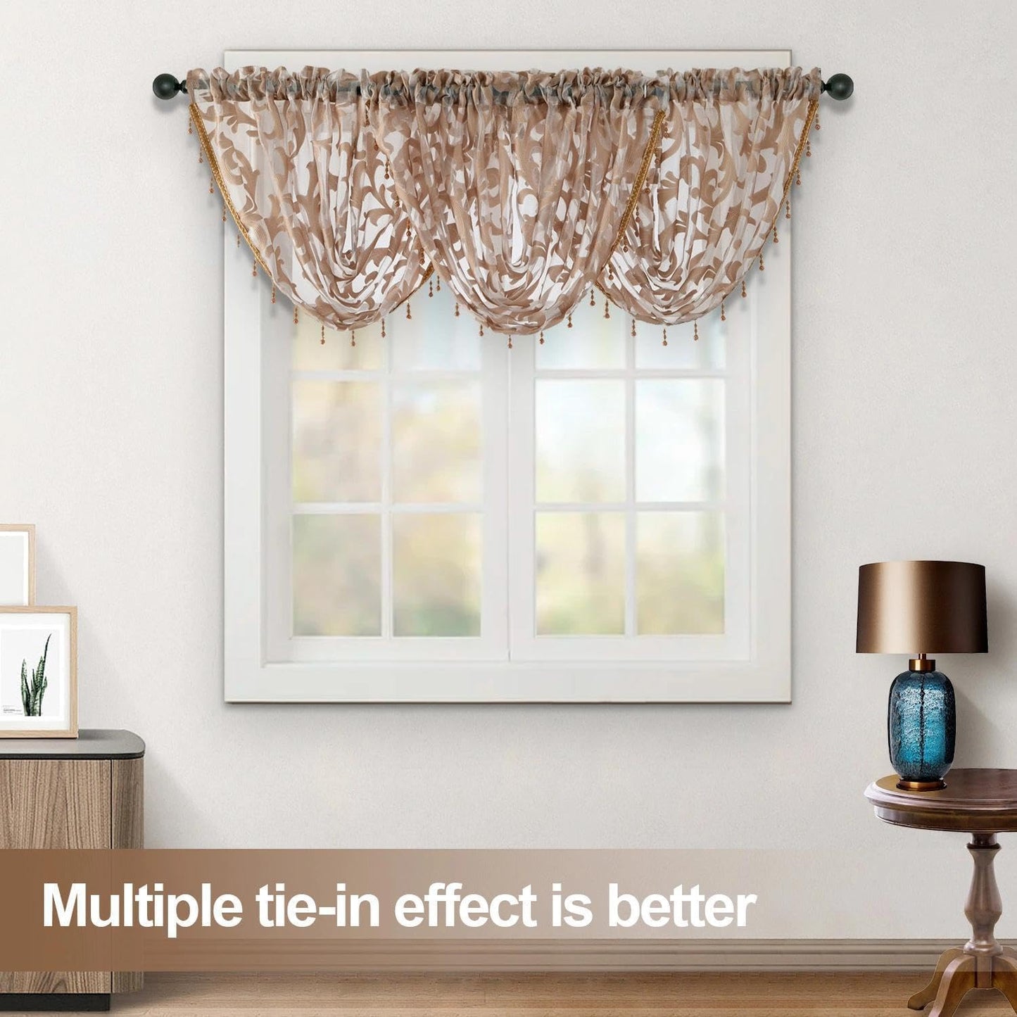 NAPEARL Swag Valance for Windows Tan Beige Organza Sheer Waterfall Curtain, Decorative Elegant Beaded Tassel Trim Rod Pocket Sheer Window Treatment for Bathroom, Kitchen, Small Windows