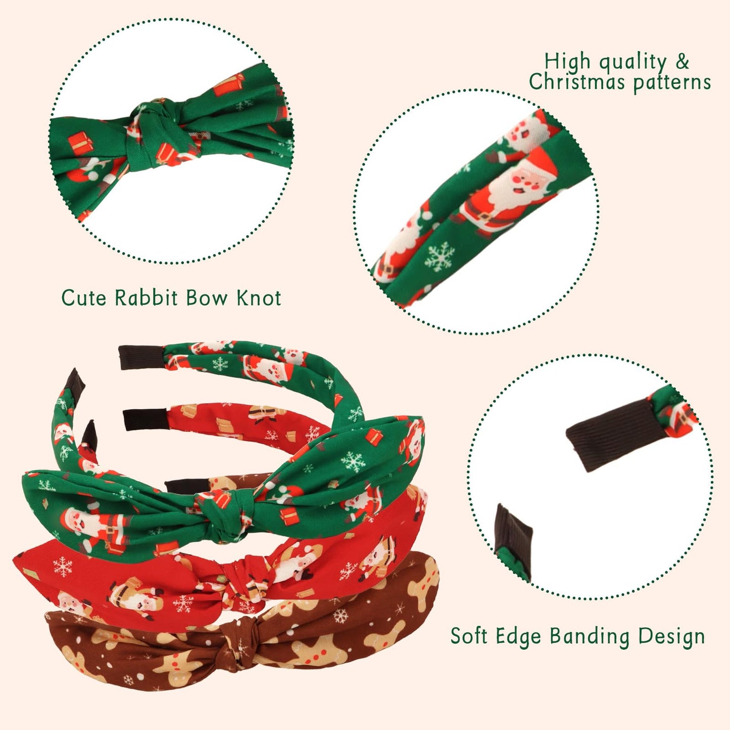 AMCAMI 3Pcs Christmas Headbands for Women, Santa Gingerbread Snowflake Knot Bow Hairbands, Brown Green Red Bow Headband for Christmas New Year