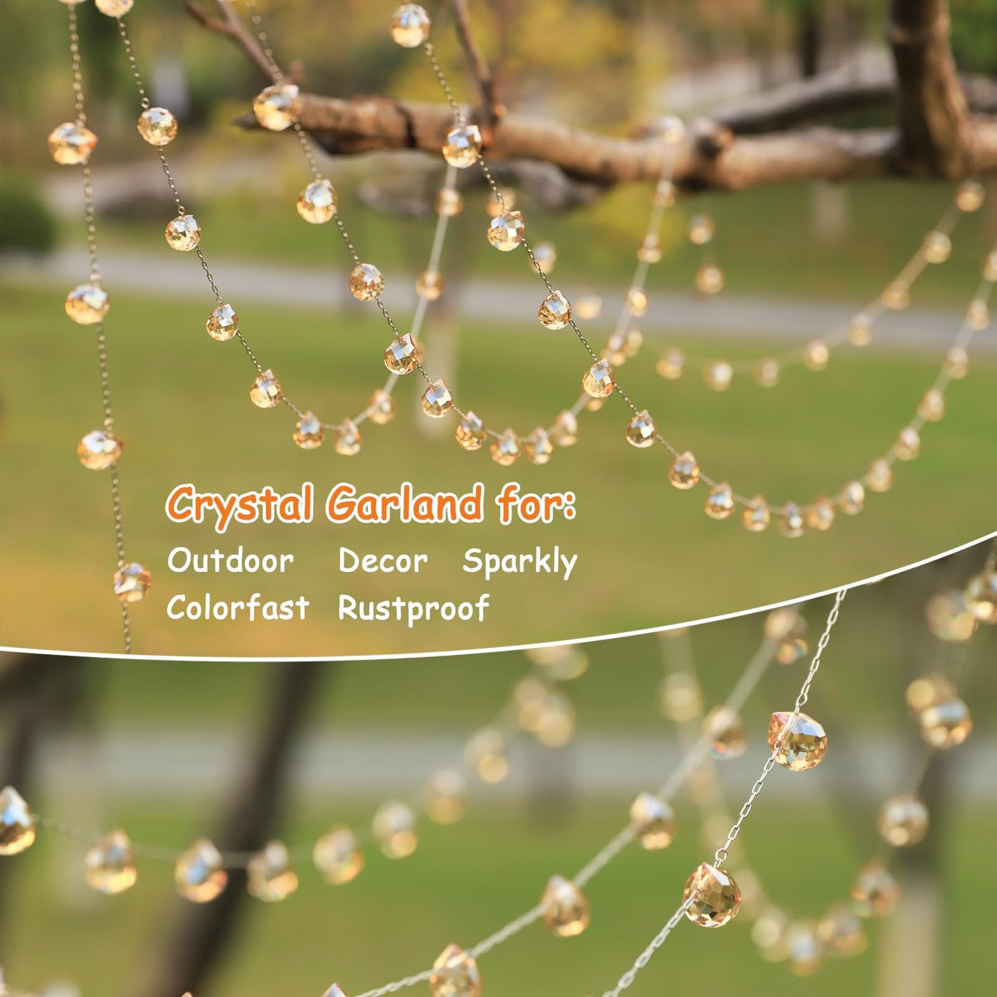 Lumiti Christmas Garland, 9.8Ft Crystal Glass Beads Strands, 100pcs 10mm Faceted Waterdrop Glass Beads Hanging Ornament for Christmas Tree Centerpieces Wedding Party Decorations (Gold)