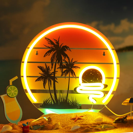 Glooglitter Tropical Neon Sign 11.8 Inch Palm Tree Sunset Neon Light for Wall Decor Colorful LED Light up Bar Signs for Bedroom Tiki Bar Beach Theme Restaurant Hawaii Club Party Decor Gift