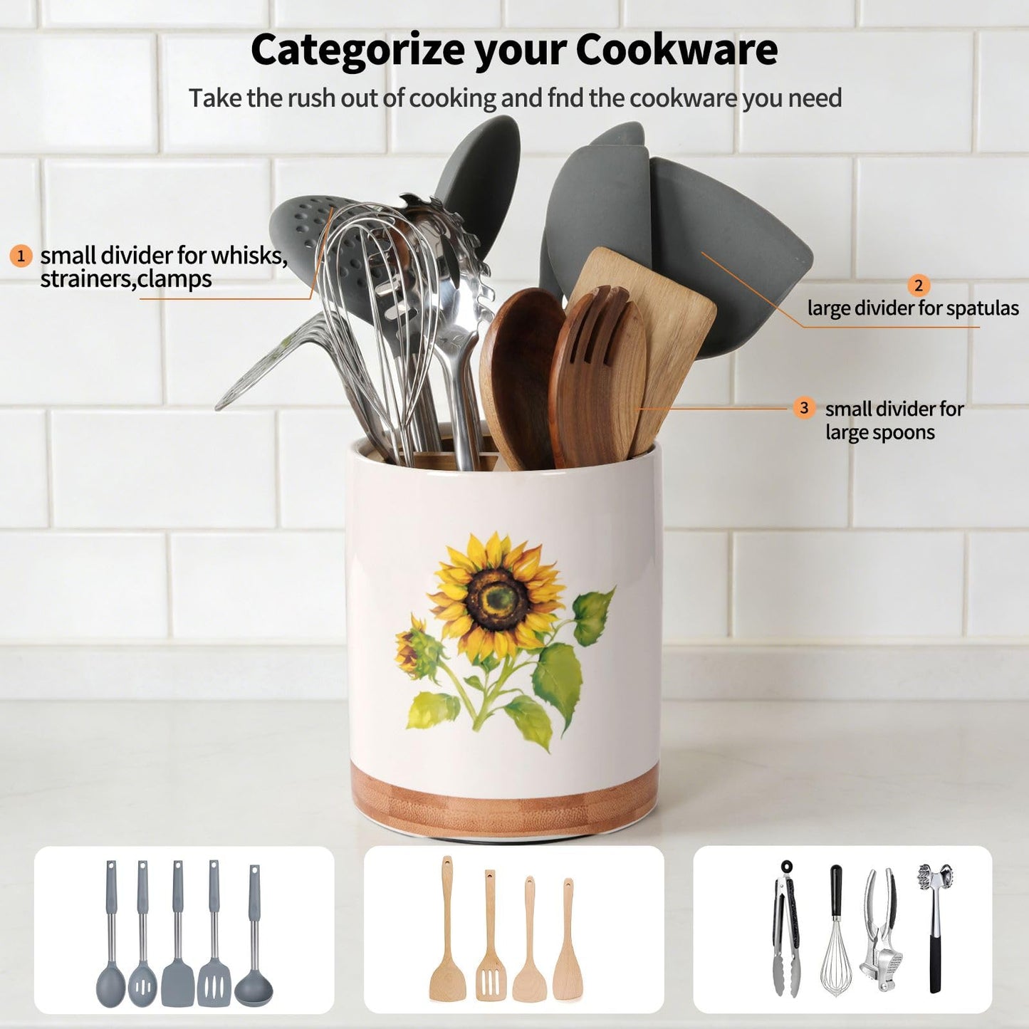 HAPPY KIT 7.6″ Extra Large Kitchen Utensil Holder, 360° Rotating Utensil Holder for Kitchen Counter with 3 Removable Compartment, Housewarming Gift & Farmhouse Decor(Sunflower)