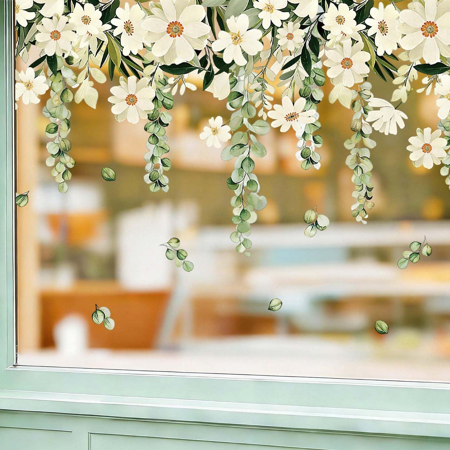 Daisy Spring Flowers Window Clings Eucalyptus Leaves Window Decals Hanging Vine Floral Leaf Double-Sided Reusable for Home School Office Decor Party Supplies,6 Sheets