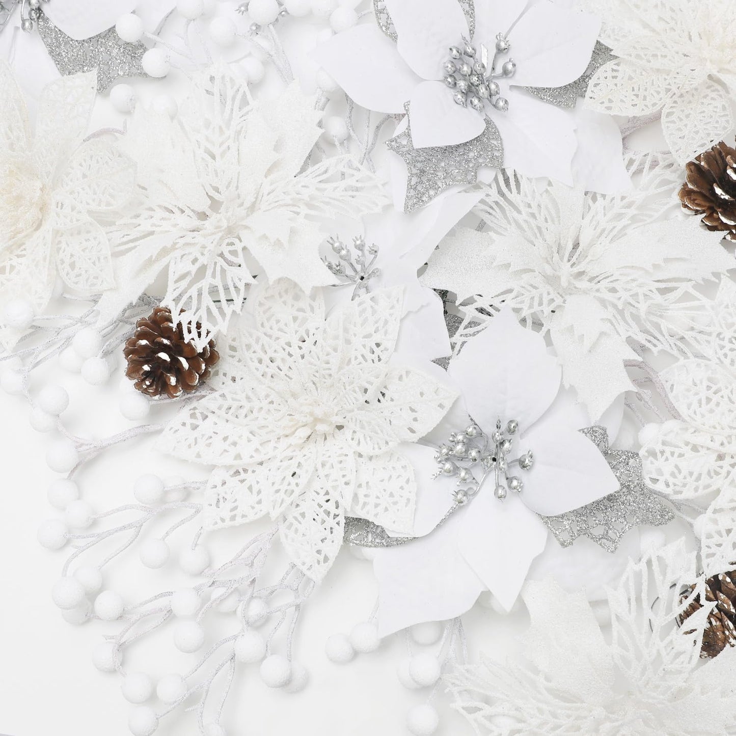Hommtina 56 Pcs Christmas Decorations, 4 Styles Poinsettias Artificial Christmas Flowers Glitter Berries Stems Ornaments Tree with Pine Cones & Stems for Xmas Wedding DIY Wreath Floral Party (White)