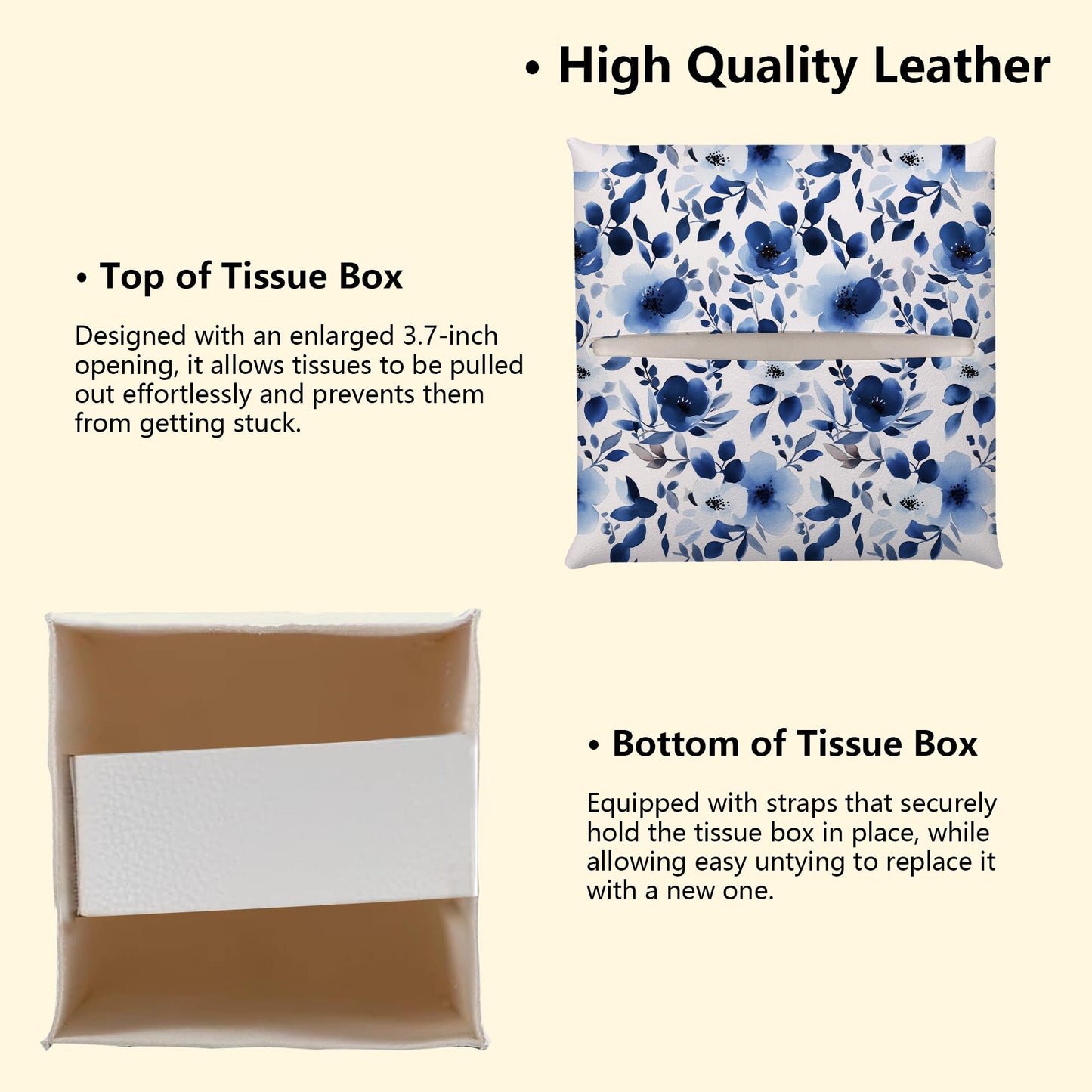 Sweet Blue Flower Watercolor Tissue Box Cover, Leather Tissue Box Holder Square Facial Paper Organizer Dispenser for Bathroom Kitchen Bedroom Vanity Countertop