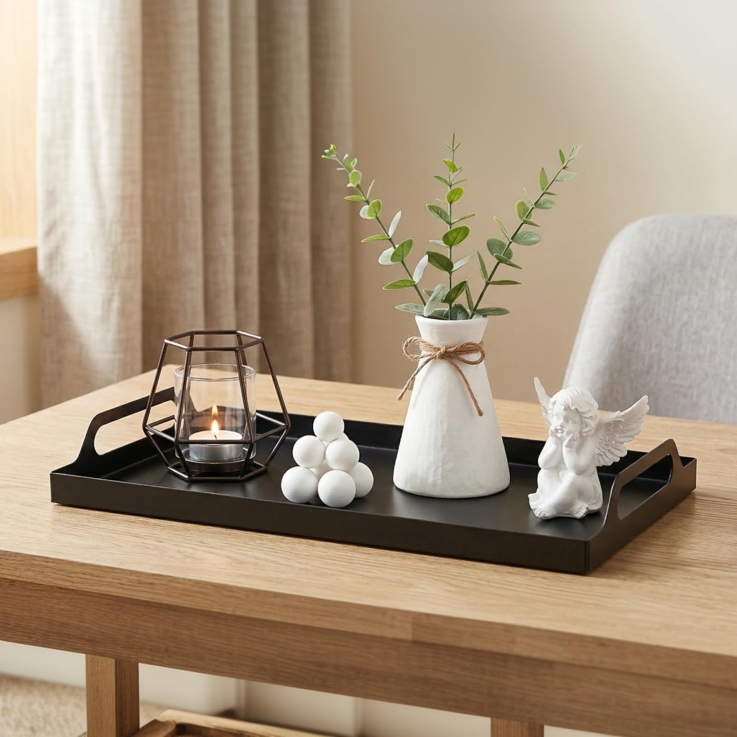 Peohud 2 Pack Black Metal Serving Tray, Decorative Coffee Table Tray with Handles, Vanity Platter Breakfast Tray for Eating, Storing, Bedroom, Kitchen, Living Room, Bathroom