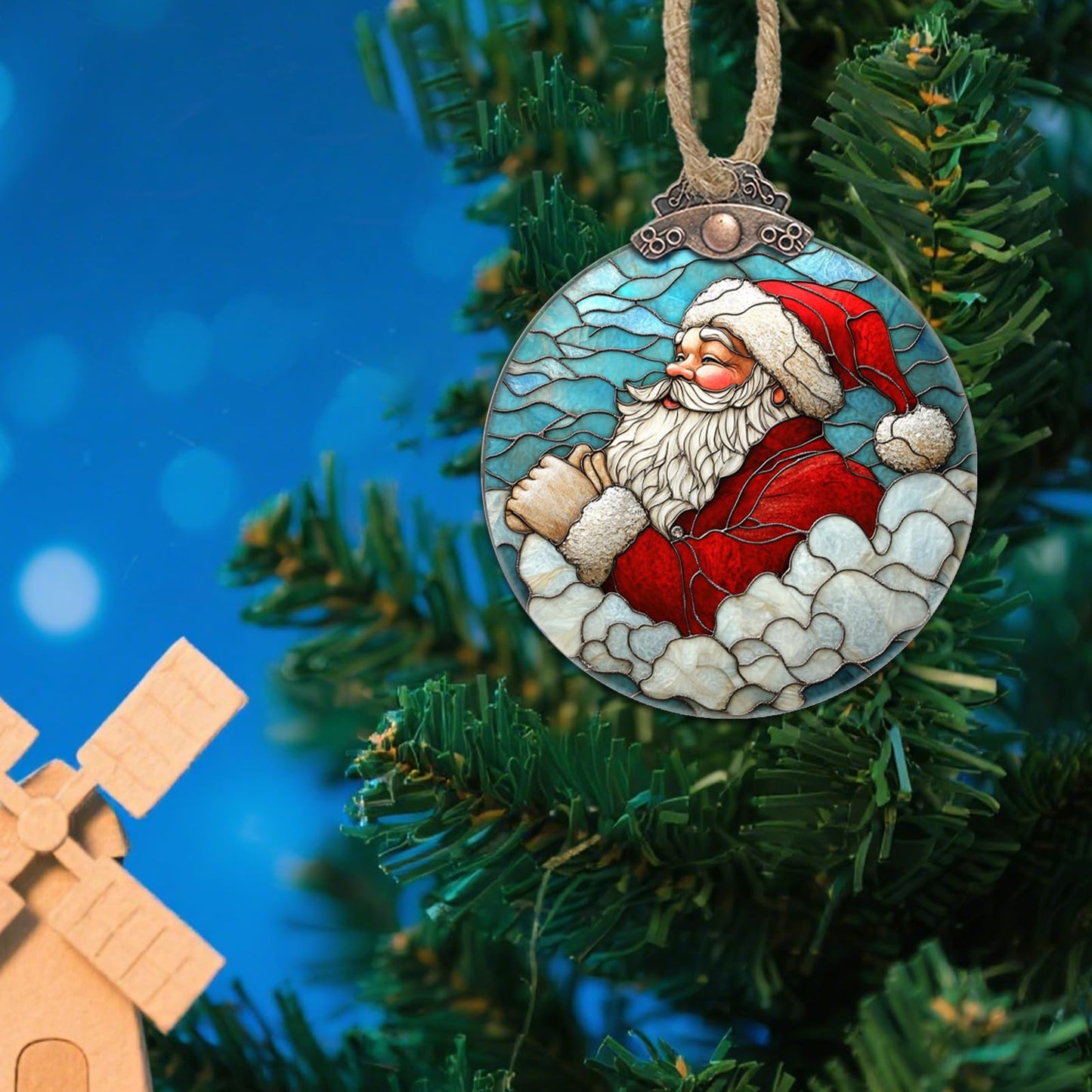 AMDERVEN Stained Glass Christmas Decorations, Kind Santa Claus Suncatcher for Window Christmas Tree Hanging Ornaments Blue and White Sun Catcher Xmas Decor Gifts for Women Men Mom Nana Friend
