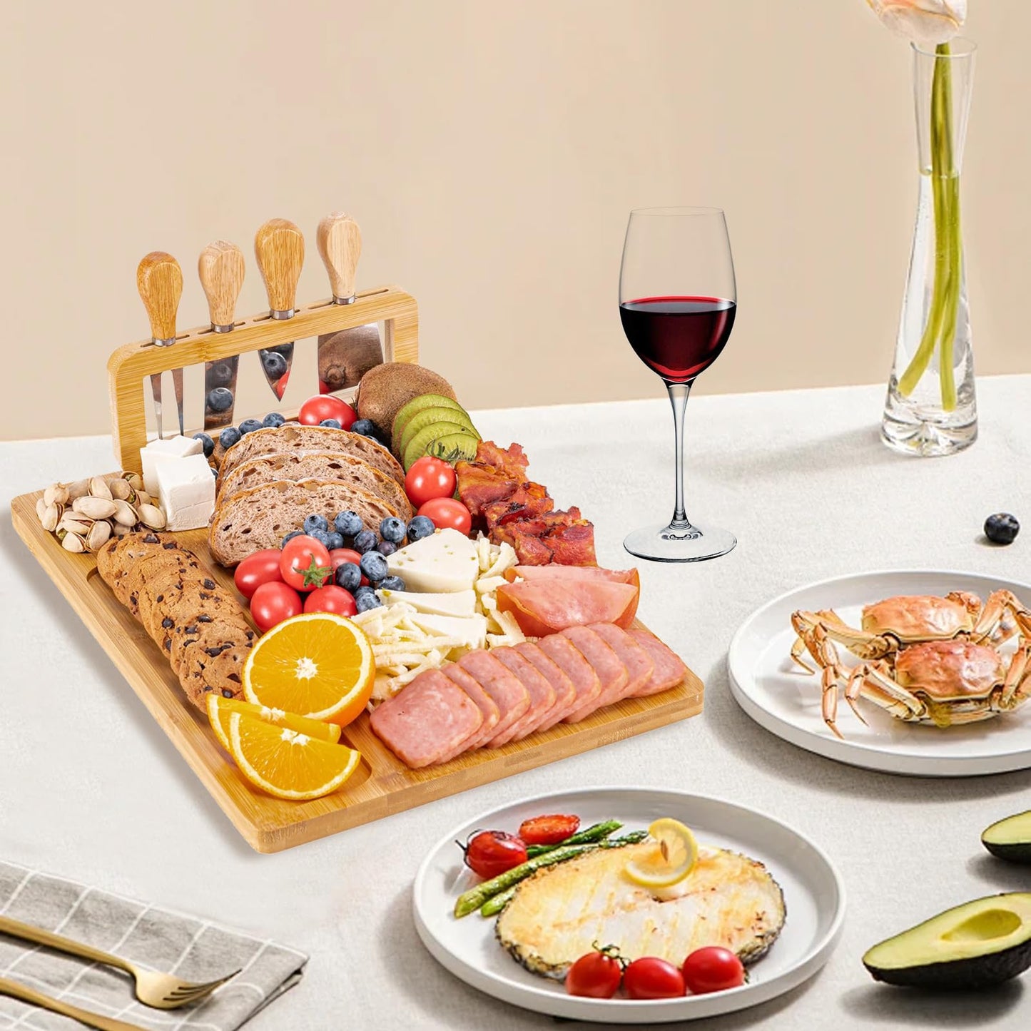 Cheese Board with Complete 4-Piece Knife Set – Perfect for Charcuterie Boards Set & Cheese Platter, and House Warming Gifts New Home, Wedding Gifts for Couple, Bridal Shower Christmas Board (Single)