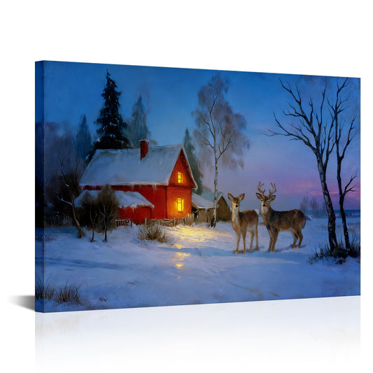 Zlove Winter Landscape Canvas Wall Art Deer Pictures Wall Decor - Vintage Snow Scene Picture Frame for Bedroom Living Room Decor, 24X36 Inches (Blue)