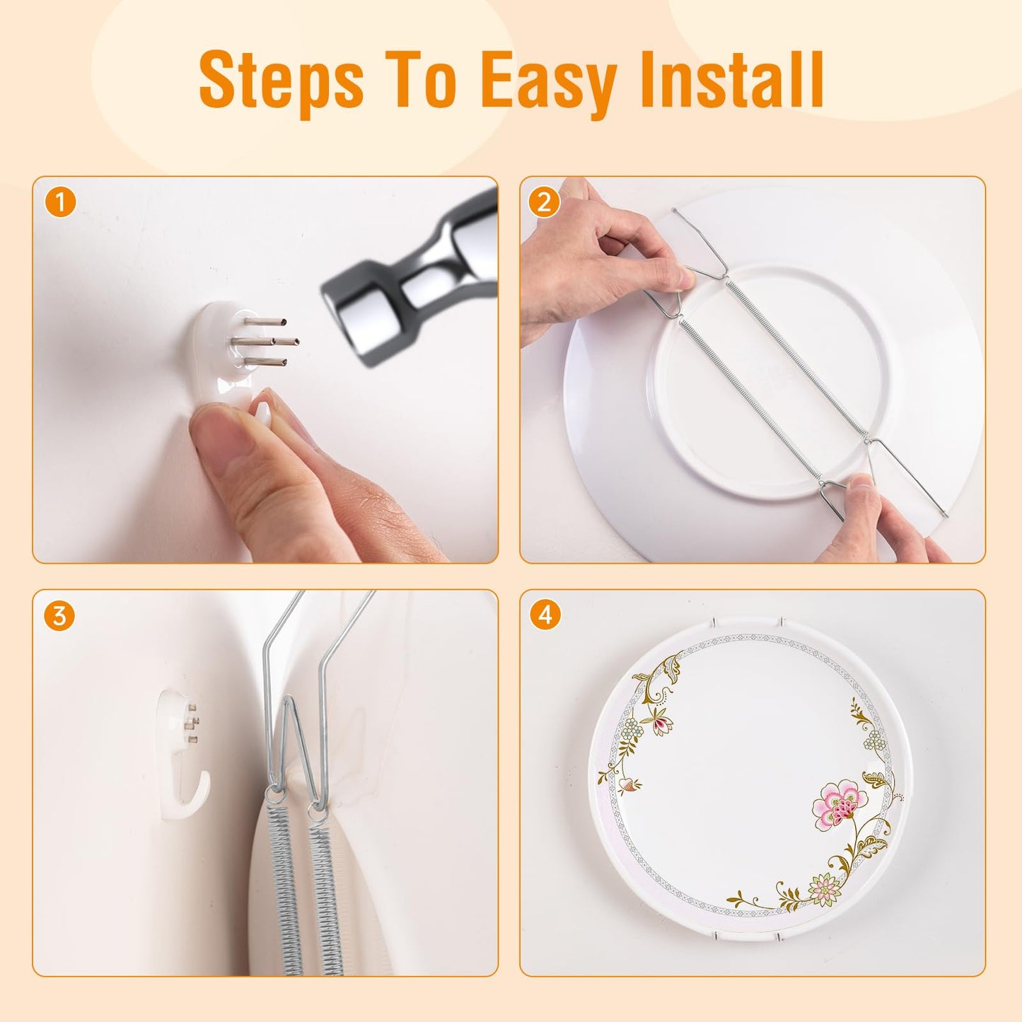 Bilillo 9-Piece Stainless Steel Wall Plate Hangers, 10/12/14 Inch Invisible Decorative Wire Plate Holders with 9 Pieces Wall Hooks for 8 to 16 Inch (Silver)