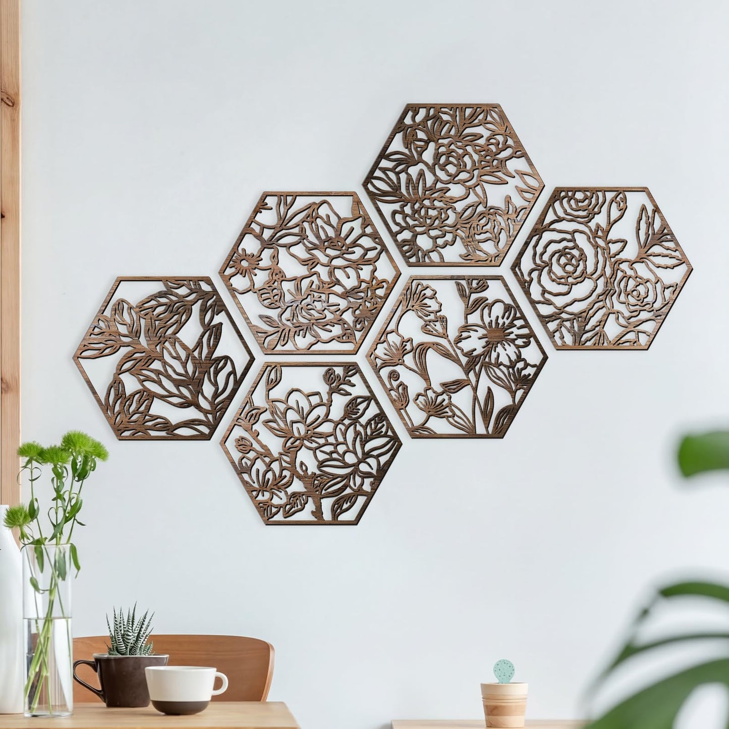 BreezeHug 6 Pcs Flowers Wooden Wall Art Decor Hexagon Hollowing out Boho Flower Sculpture Sign Ornament Modern Wooden Wall Art Decoration Hanging Set for Living Room Bedroom Farmhouse (11"x 10")