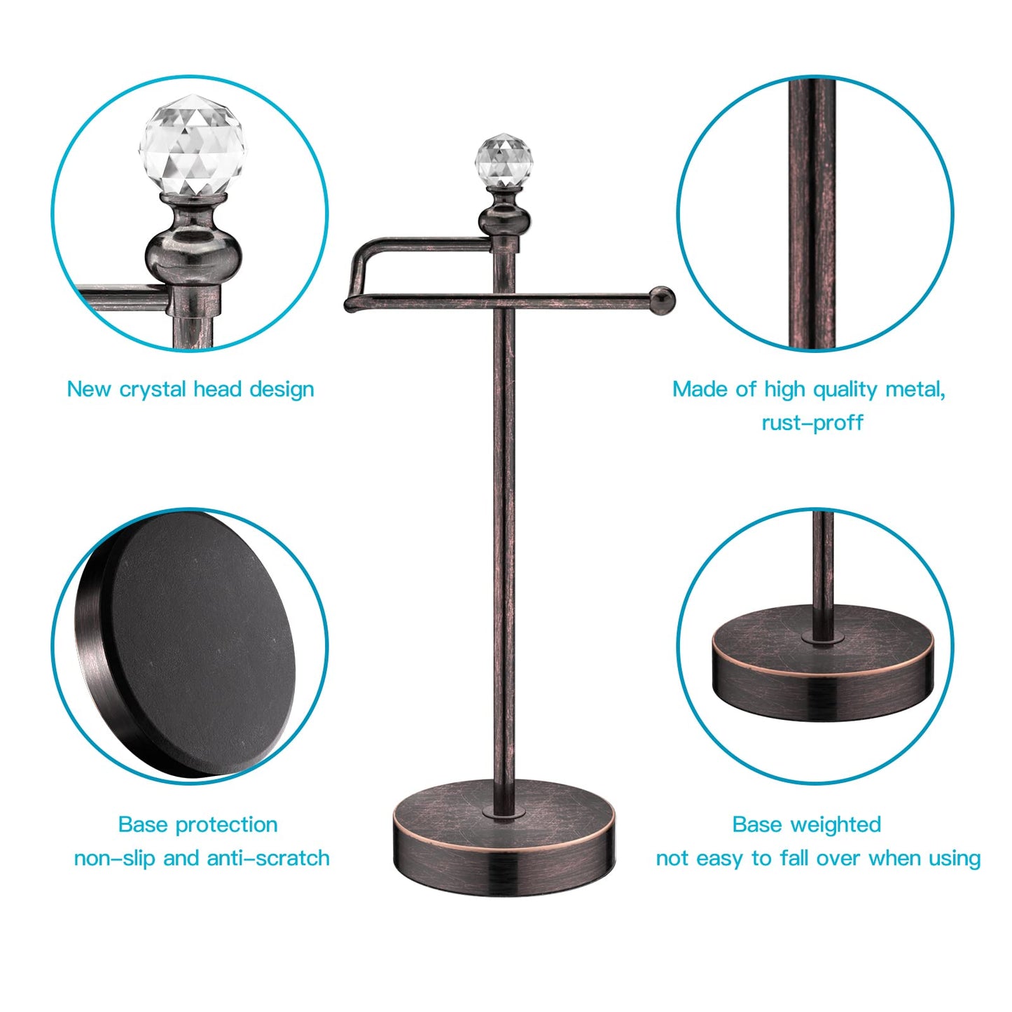 ROLABAM Heavy Weighted Hand Towel Holder(with Crystal Ball) Standing Hand Towel Holder Total Height 15.7'' for Kitchen,Bathroom,Vanity,Classic Decorative Metal Hand Towel Stand,Oil Rubbed Bronze