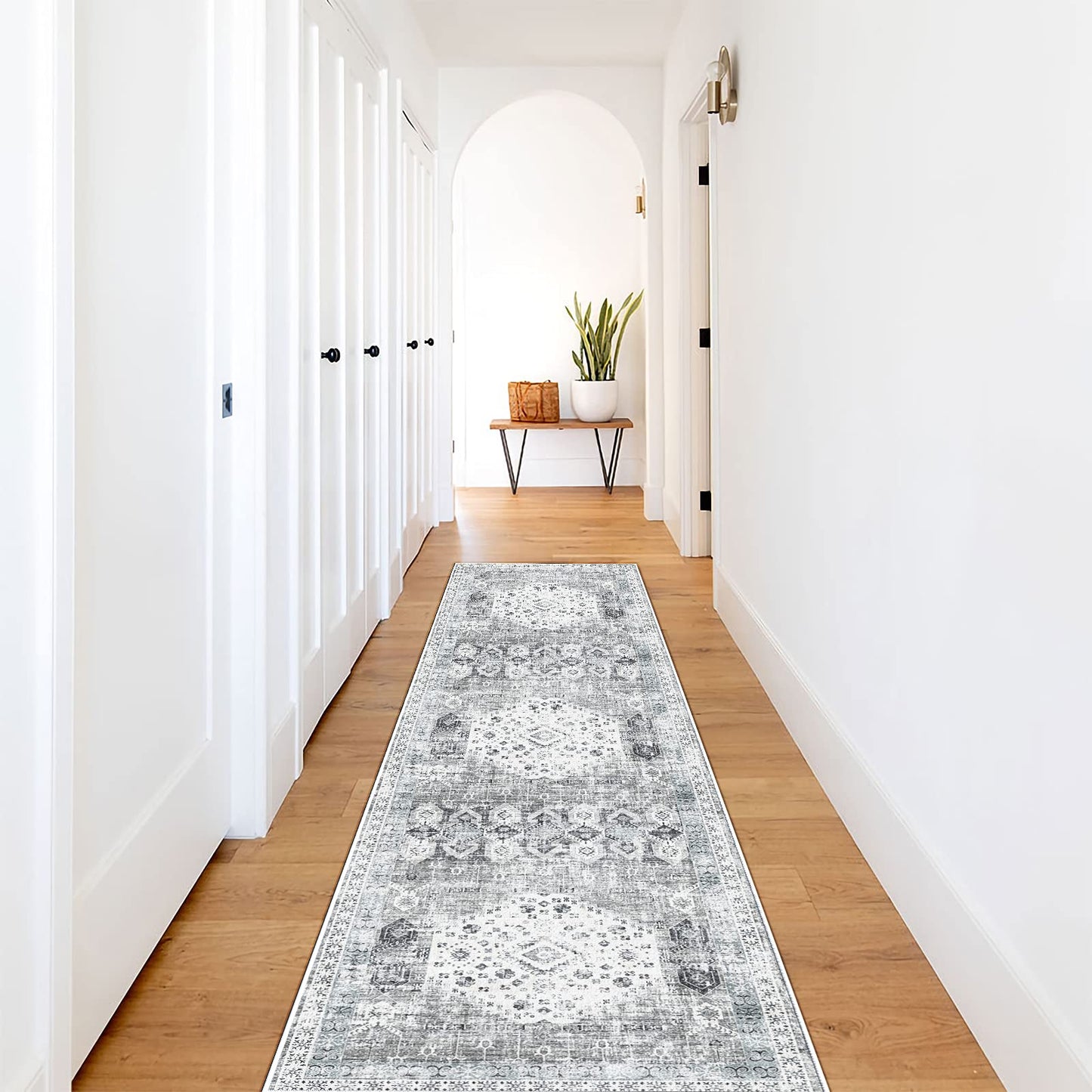 RUUGME 2x7 Washable Runner Rug - Vintage Hallway Rugs Non Slip Stain Resistant Rugs for Kitchen Living Room Bedroom Laundry Room Mat Distressed Rug Carpet Runner for Bathroom 2'x7' Grey