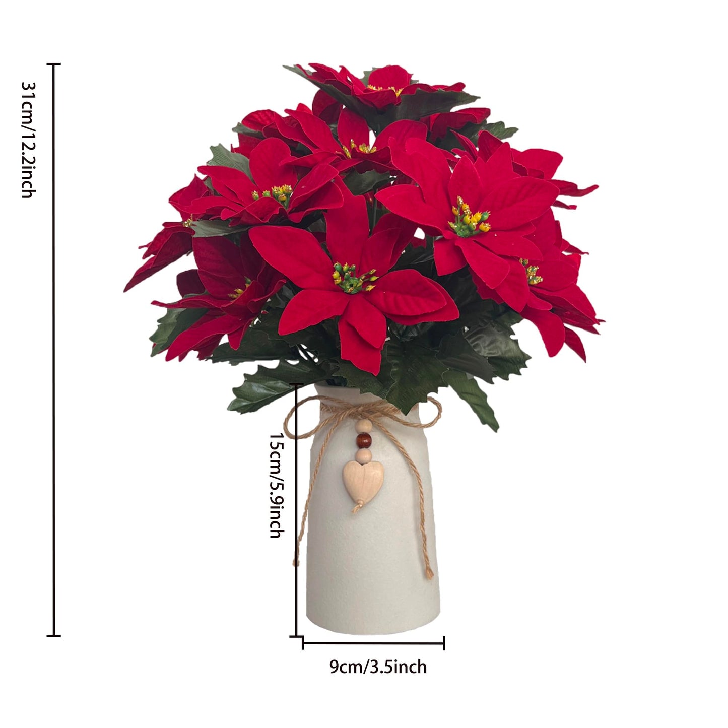 hopeme Artificial Red Poinsettia Christmas Flower Arrangement in Decorative White Vase, Holiday Floral Centerpiece with Heart Accent, Perfect Christmas Décor for Home, Office, or Gifts