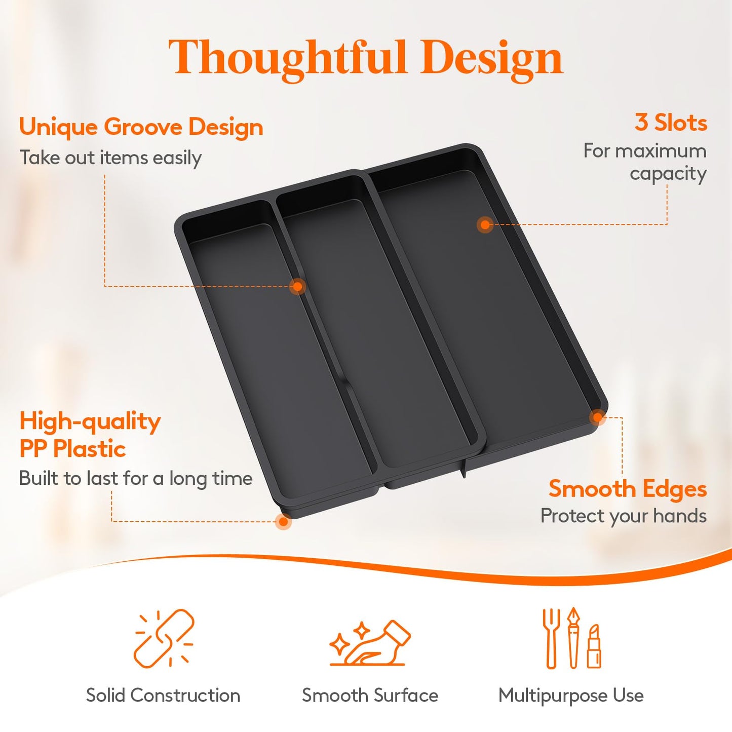 Lifewit Utensil Organizer for Kitchen Drawer, Expandable Cooking Silverware Tray, Adjustable Cutlery Flatware Holder, Plastic Spatula Tools Storage Divider, 14.4 x 15.8", Black