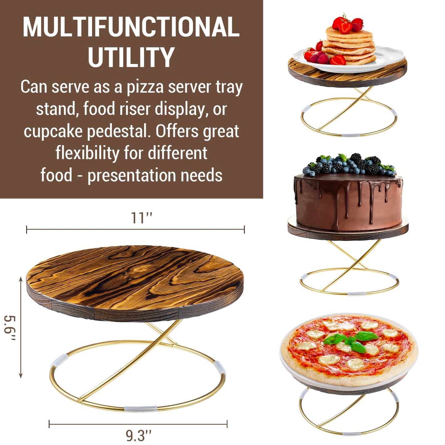 MyGift 11-Inch Round Pizza Pan Pedestal Stand – Rustic Burnt Wood with Gold Tone Metal Wire Base Display Riser, Ideal for Wedding, Party, Dessert, Cake, Cupcake, and Pie Display