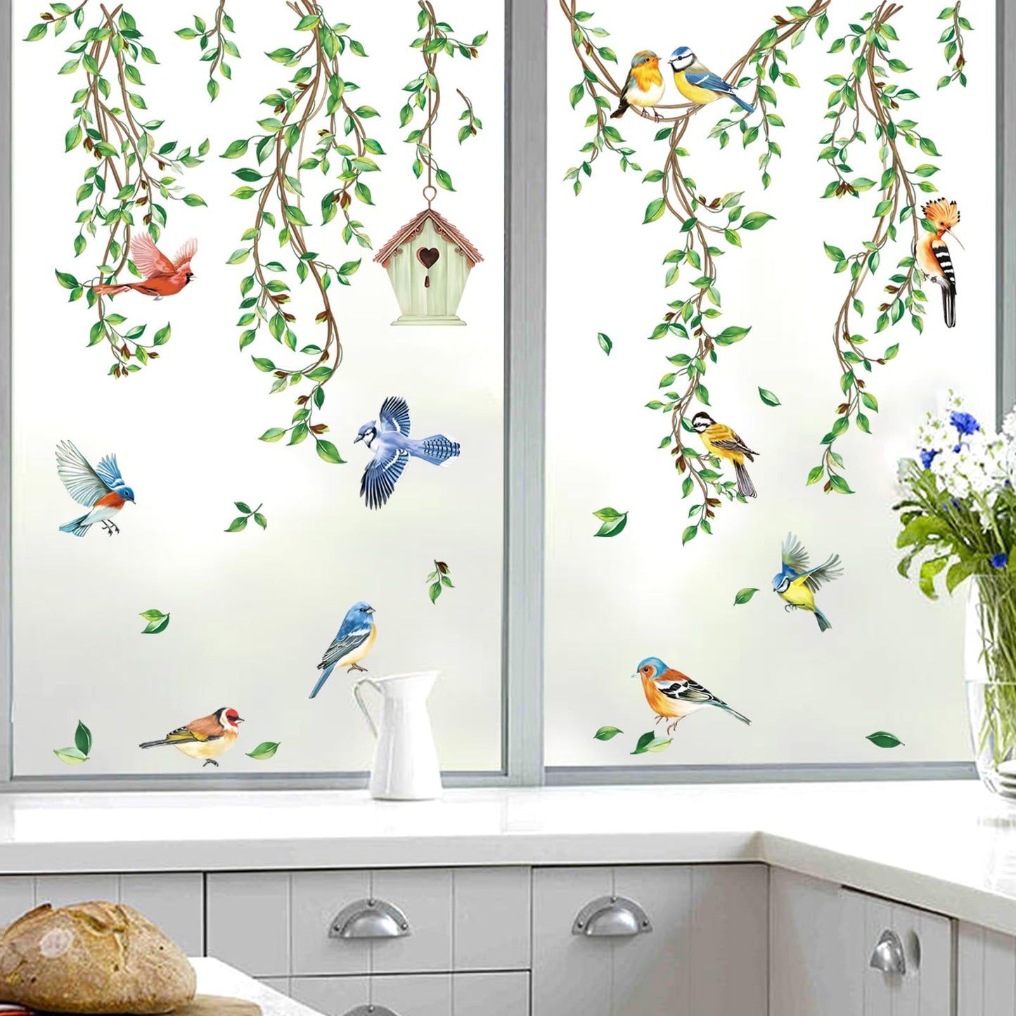 decalmile Spring Summer Hanging Green Vine Window Clings Double Sided Birds Tree Leaves Window Decals Anti-Collision Doors Glass Stickers