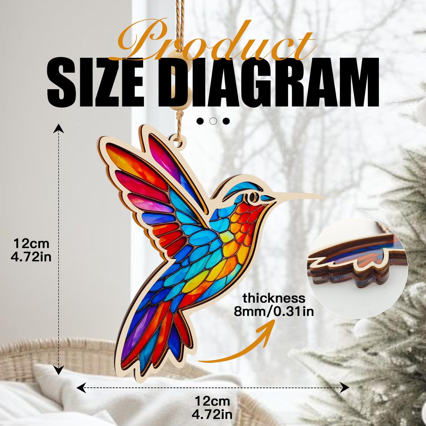Hummingbird Christmas Ornament, Hummingbird Gifts,Stained Glass Window Hanging Gift for Women, Wood & Acrylic Memorial Keepsake for Christmas Tree, Home Decor (Burlywood)