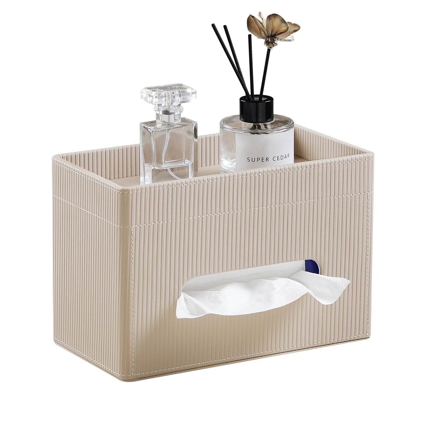 Cretkhp Tissue Box Cover Rectangle with Storage Tray, PU Leather Tissue Holder for Bathroom Vanity Countertop Night Stands Bedroom Office Desk, Stylish Rectangular Tissue Box Holder (Beige)