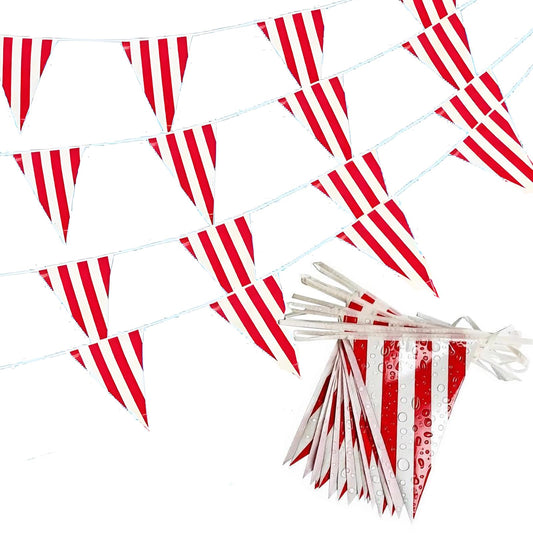 Red & White Striped Pennant Banners - 48pcs Reusable Polyester Cloth Flags,100FT Large Pennants for Carnival Circus, Birthday Parties, Tent Camping & Festive Event Decorations