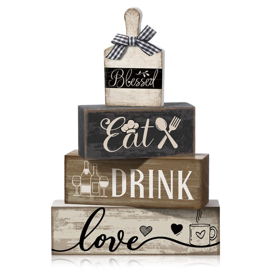 Moucuny 4 Pcs Farmhouse Kitchen Decor Wooden Plate Farmhouse Table Decor Black Brown and White Plate Tableware Centerpiece Rustic Decorative Plates Block Sign for Display Cabinet Kitchen Decoration