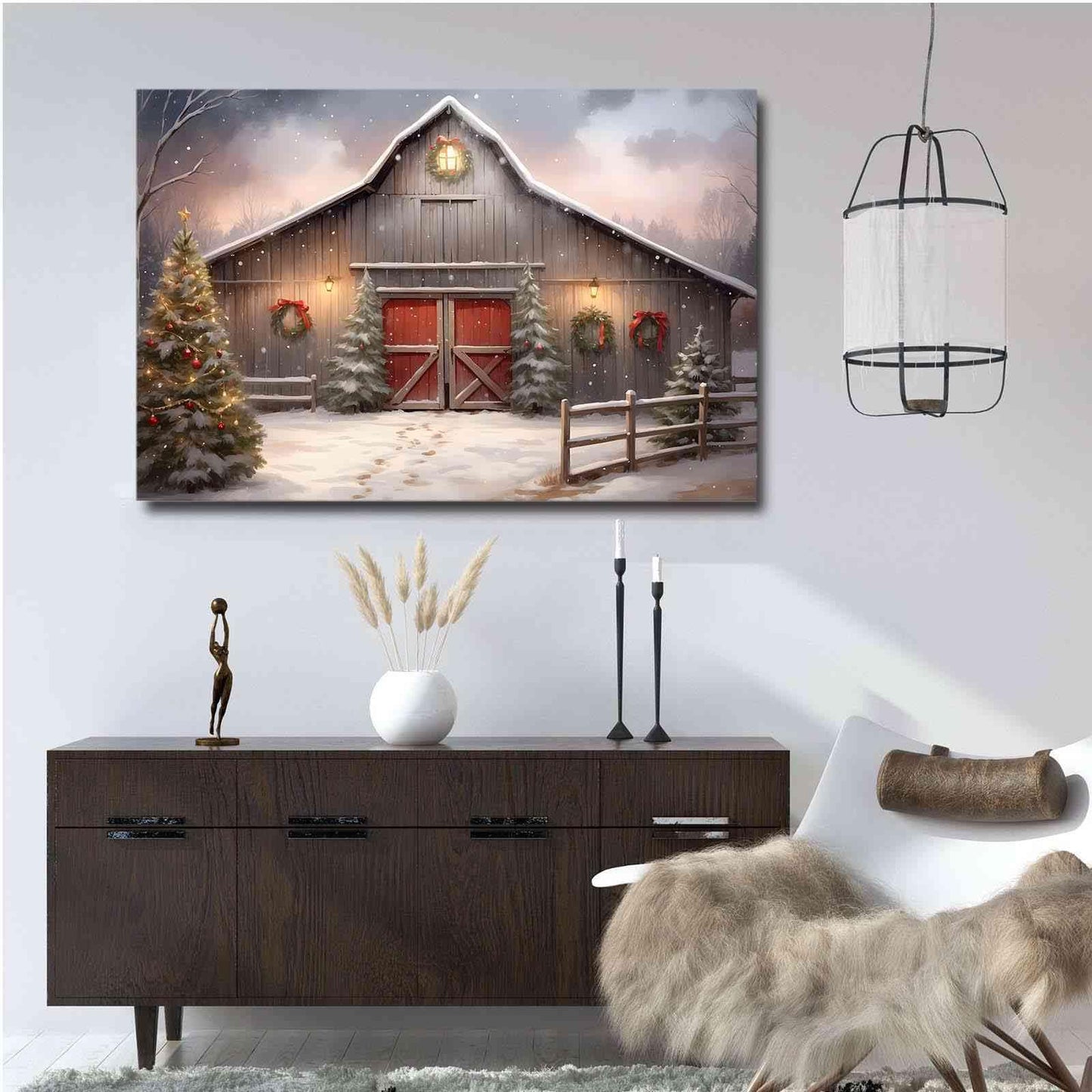Canvas Wall Art Christmas Tree Farm Wall Art Winter Barn Print Snowy Barn Painting Rustic Farm Picture Farmhouse Winter Print 12x18in-UnFramed