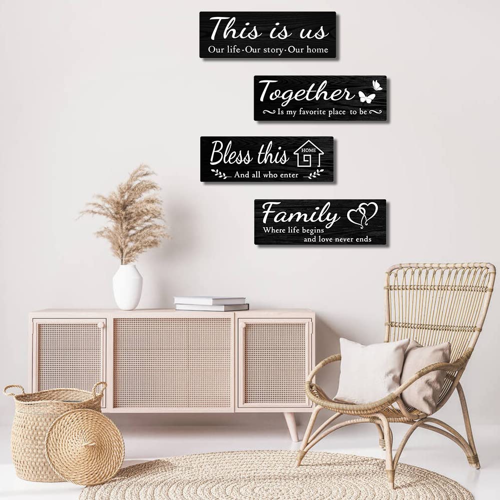 IDATOO 4 PCS Home Wall Decor Signs, Rustic Wooden Living Room Hanging Decorations with Quotes THIS IS US/TOGETHER/BLESS THIS/FAMILY, Housewarming Gifts for Wedding Kitchen