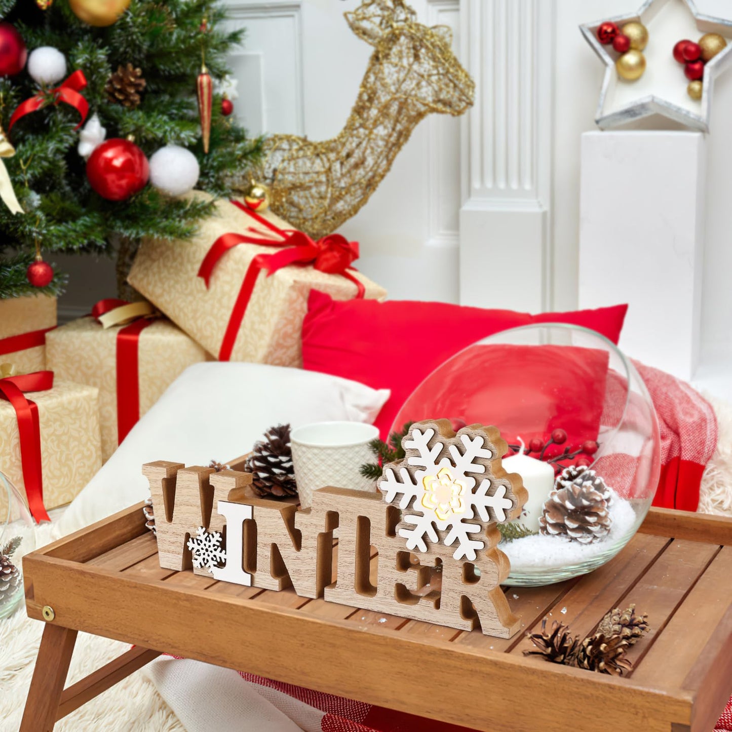 IMIKEYA Christmas Wooden Snowflake: Christmas LED Snowflake Sign Tabletop Decorations Winter Wood Sign Farmhouse Decorations LED for Xmas Home Table Decoration