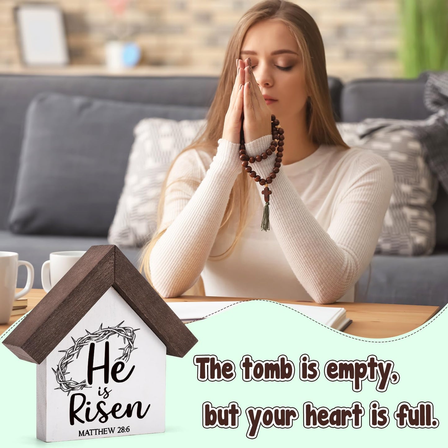 MBL Christian Easter Decor Decorations - Wood He Is Risen Sign Bible Verse Religious Easter Basket Stuffers Essentials Rustic Table Home Living Room Bedroom Shelf Tiered Tray for Women Men Teen Adults