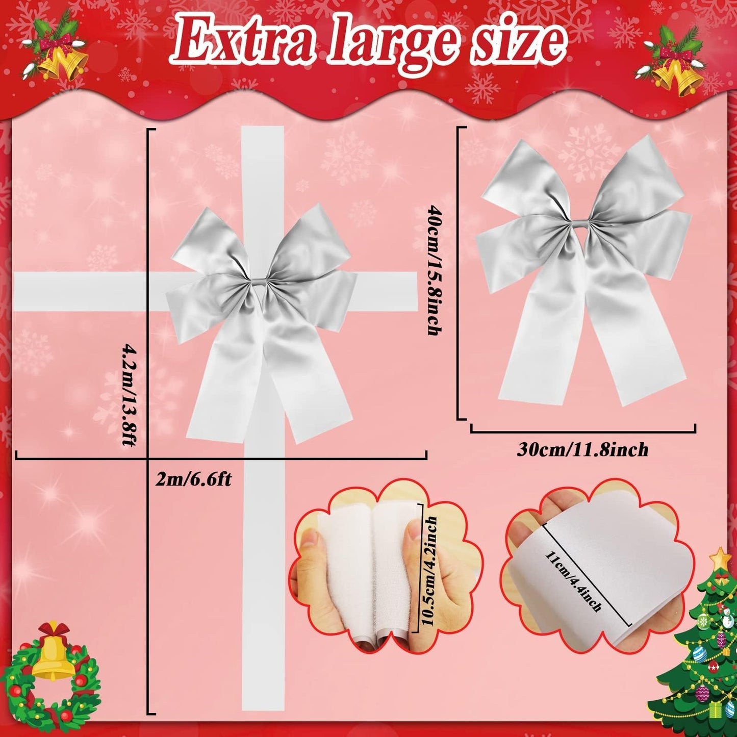 gisgfim Christmas Cabinet Big Bows Large Door Lace Christmas Tree Bow Ribbon Silver Bow Holiday Decorations Christmas Front Door Party Supplies