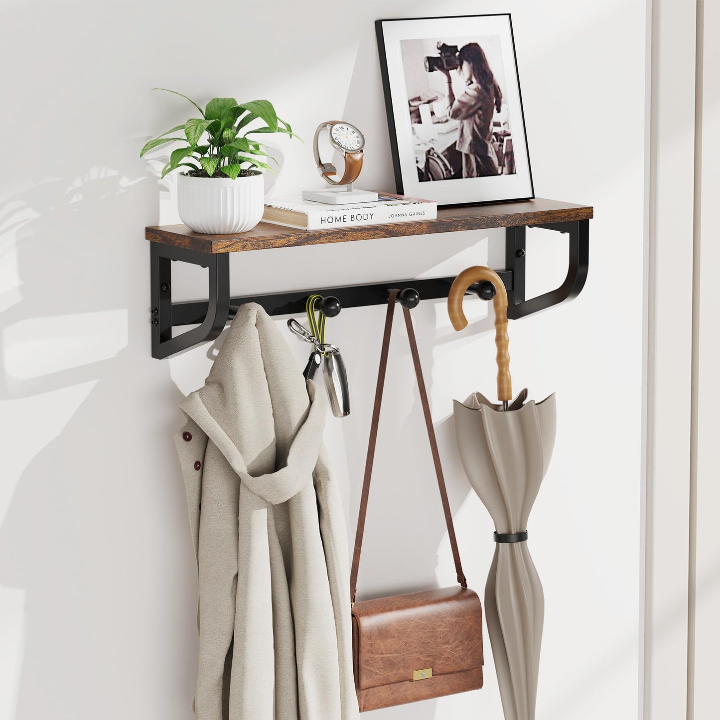 NANAGIFTREE Coat Rack Wall Mount, Wood Wall Shelf with Hooks, Coat Hanger Wall Mount with 4 Metal Hooks, Wall Mounted Coat Rack Organizer for Entryway, Bedroom, Living Room, Room Decor, Brown
