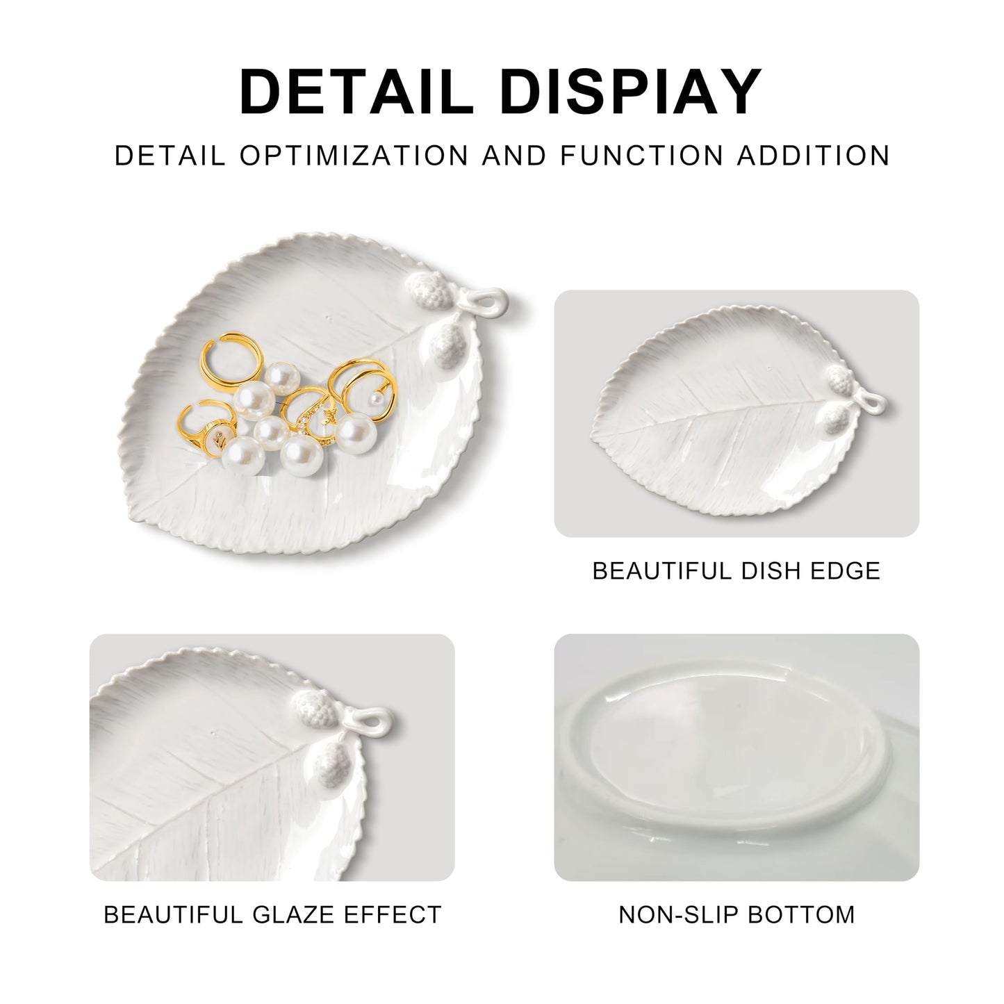 Ceramic Jewelry Dish, Decorative Tray for Rings Earrings Necklaces Bracelet Watch Keys, 4.50" Trinket Tray as Gifts for Women (White Leaf)