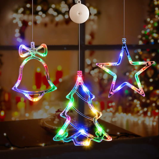LYUBASA 3Pack Christmas Window Lights Decorations with Timer, Battery Powered Multicolor LED Sucker for Xmas Tree Fireplace Indoor Decor