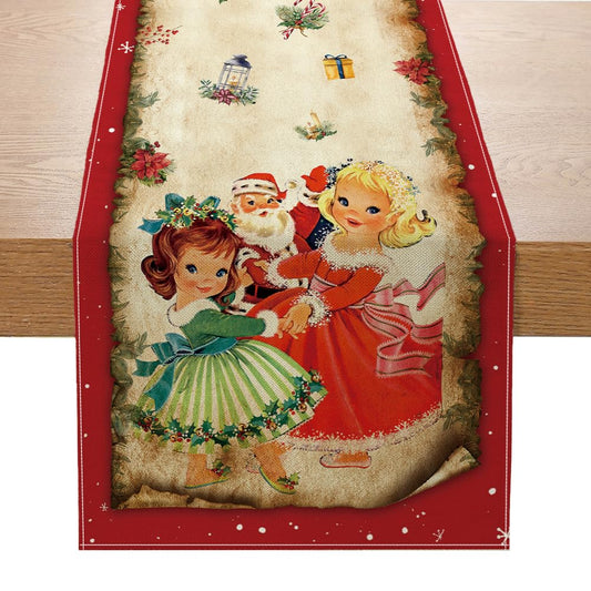 Racenaf Vintage Christmas Table Runner Christmas Decors-Red Vintage Style Santa Claus Girls Merry Christmas Winter Xmas Home Kitchen Dining Table Decor, Christmas Party Decors 13 x 72 Inch