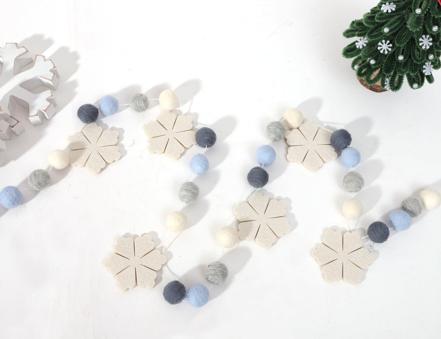 Felt Snowflake Garland - Snowflake Felt Ball Garland, Winter Wall Decor, Christmas Garland, Winter Wonderland Banner