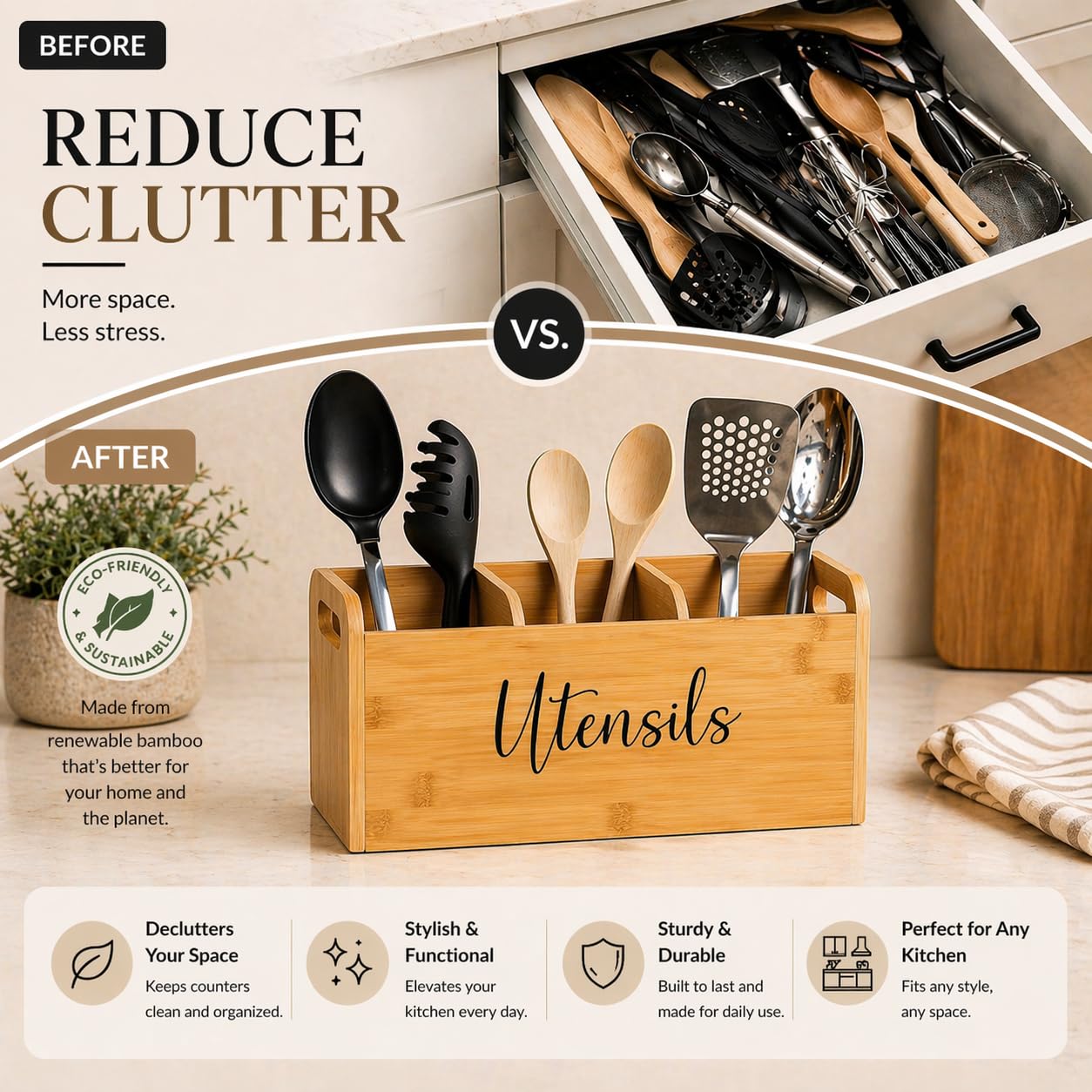 Bamboo Kitchen Utensil Holder for Countertop – Large 3-Compartment Organizer & Caddy with Drain Holes, Farmhouse Utensil Holder for Kitchen Counter, Rustic Wood Storage for Spoons & Spatulas
