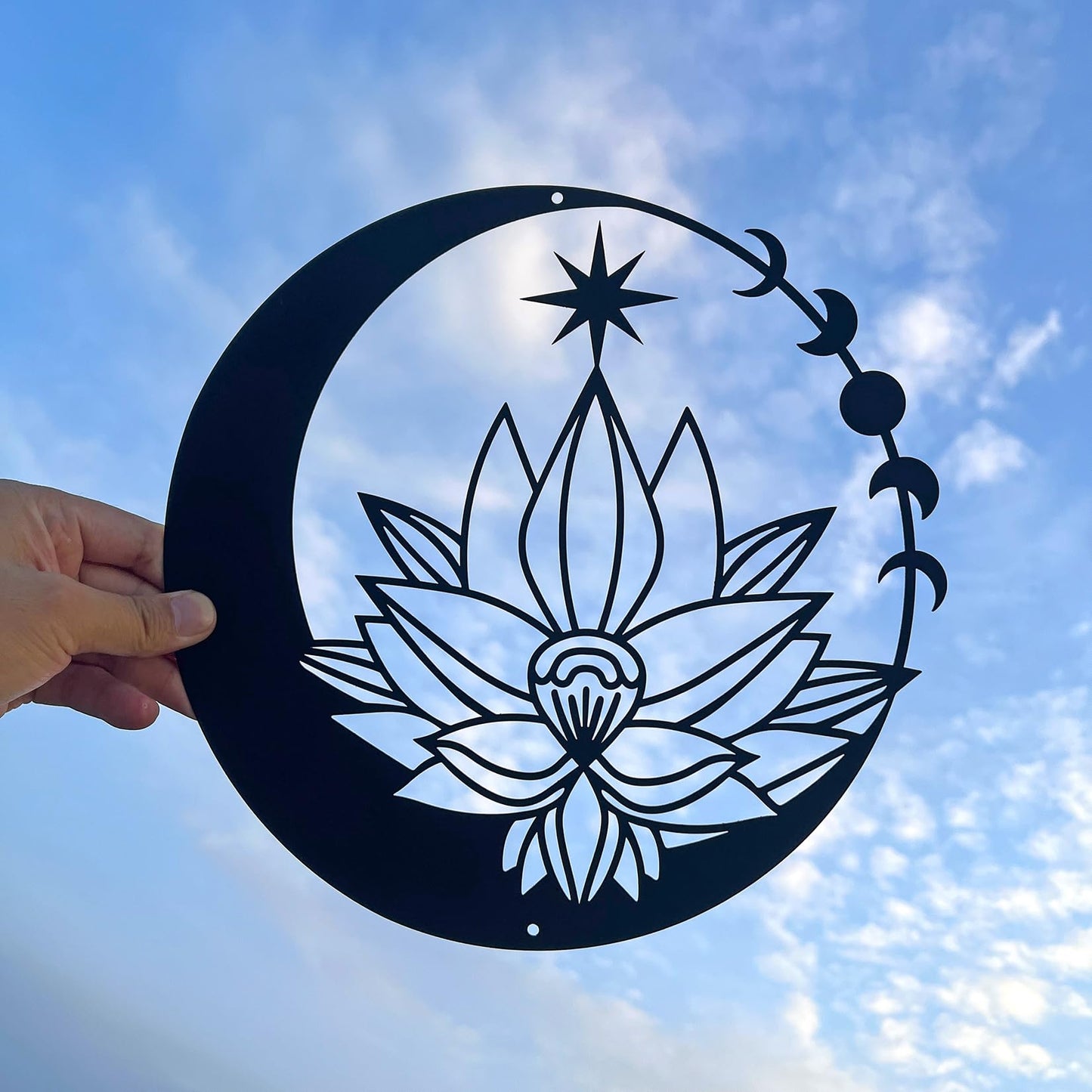 DUOOLN Moon Metal Floral Art Decor, 11" Black Boho Floral Star Phase Wall Sign, Half Moon Flower Sculpture Hanging Wall Decor for Bedroom Living Room Home Wall Decoration