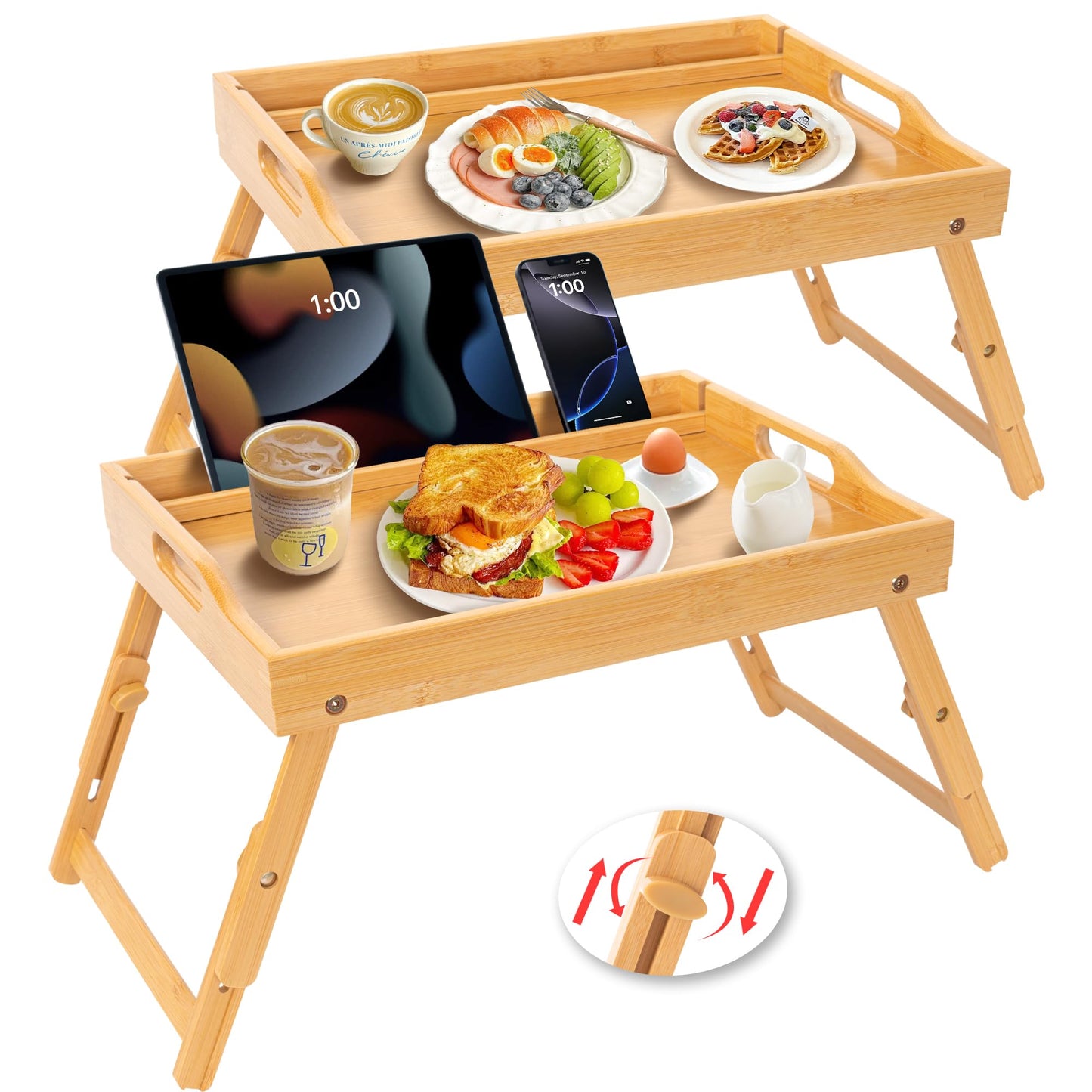 Greenual 2 Pack Bed Tray Table with Handles Folding Legs, Bamboo Breakfast Food Tray with Media Slot, Use As Platter, Laptop Desk, Snack, TV Tray Kitchen Serving Tray(Natural)