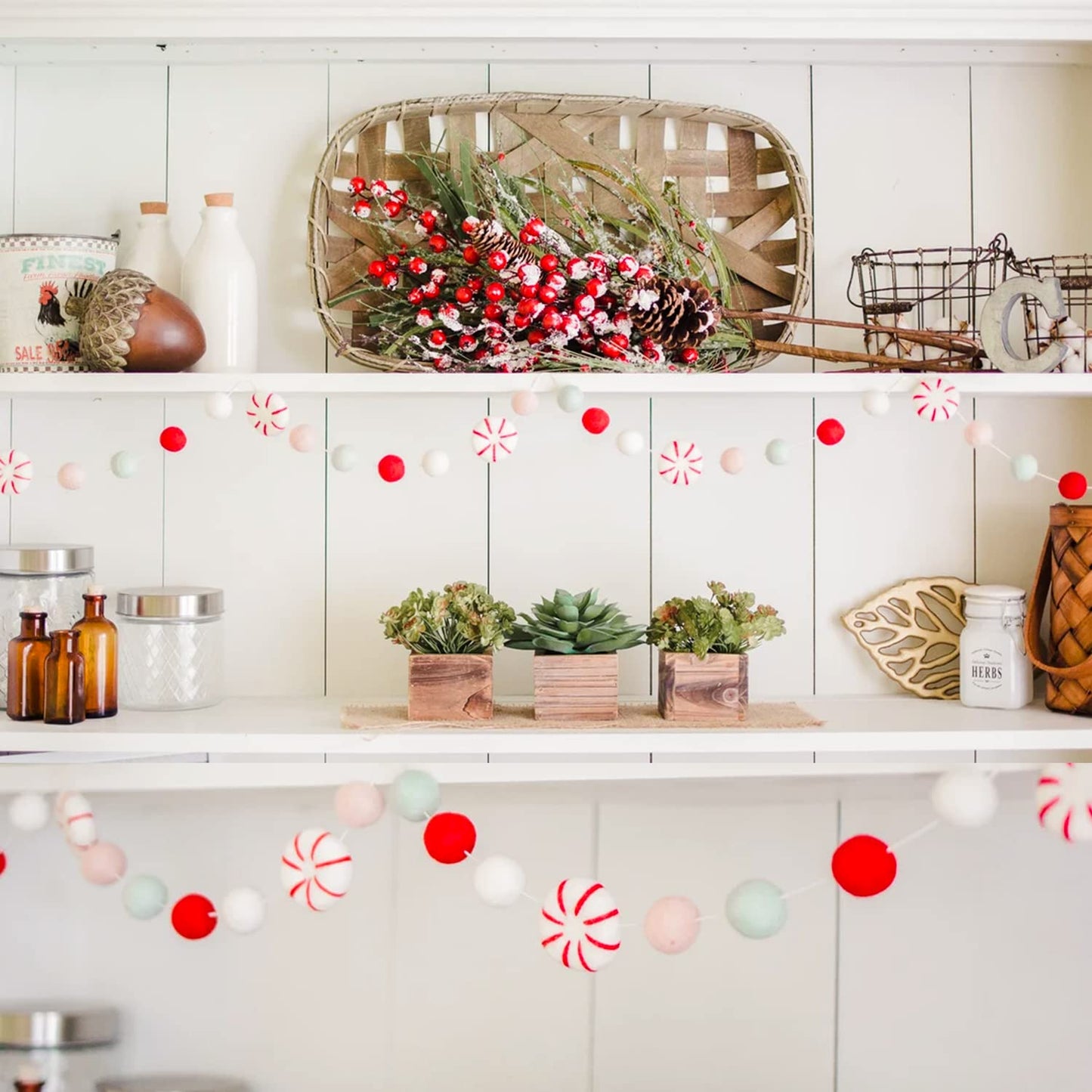 Christmas Felt Ball Garland, Holiday Home Decor, Peppermint Garland Decor, Candy Decorations, Felt Balls for Christmas Tree, Mantel, Kids Bedroom, Living Room, Nursery- 6.56 Ft