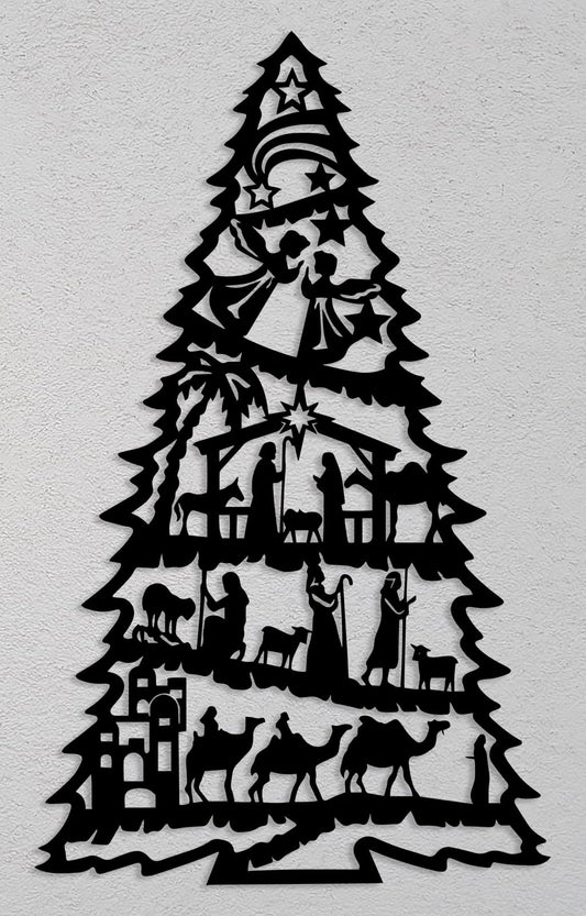 Christmas Nativity Scene Metal Wall Art Vintage Jesus Nativity Set Christmas Tree Wall Decoration for Home Xmas Signs Black 8.7in x 14.6in