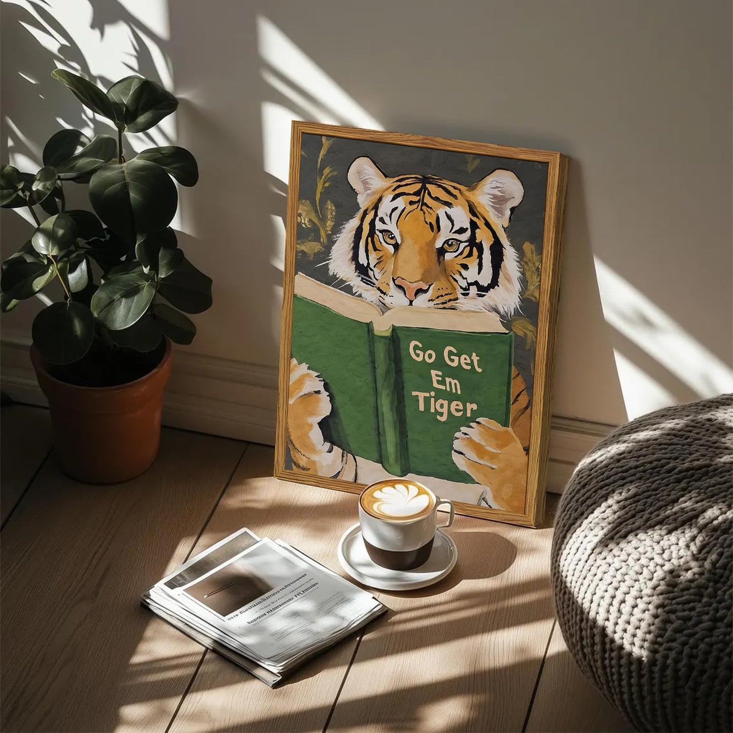 Framed Funny Tiger Wall Art, Motivational Animal Reading Wall Decor Paintings, Eclectic Go Get Em Tiger Canvas Prints Pictures Home Decor for Living Room Bedroom Dorm Office 12x16 inch