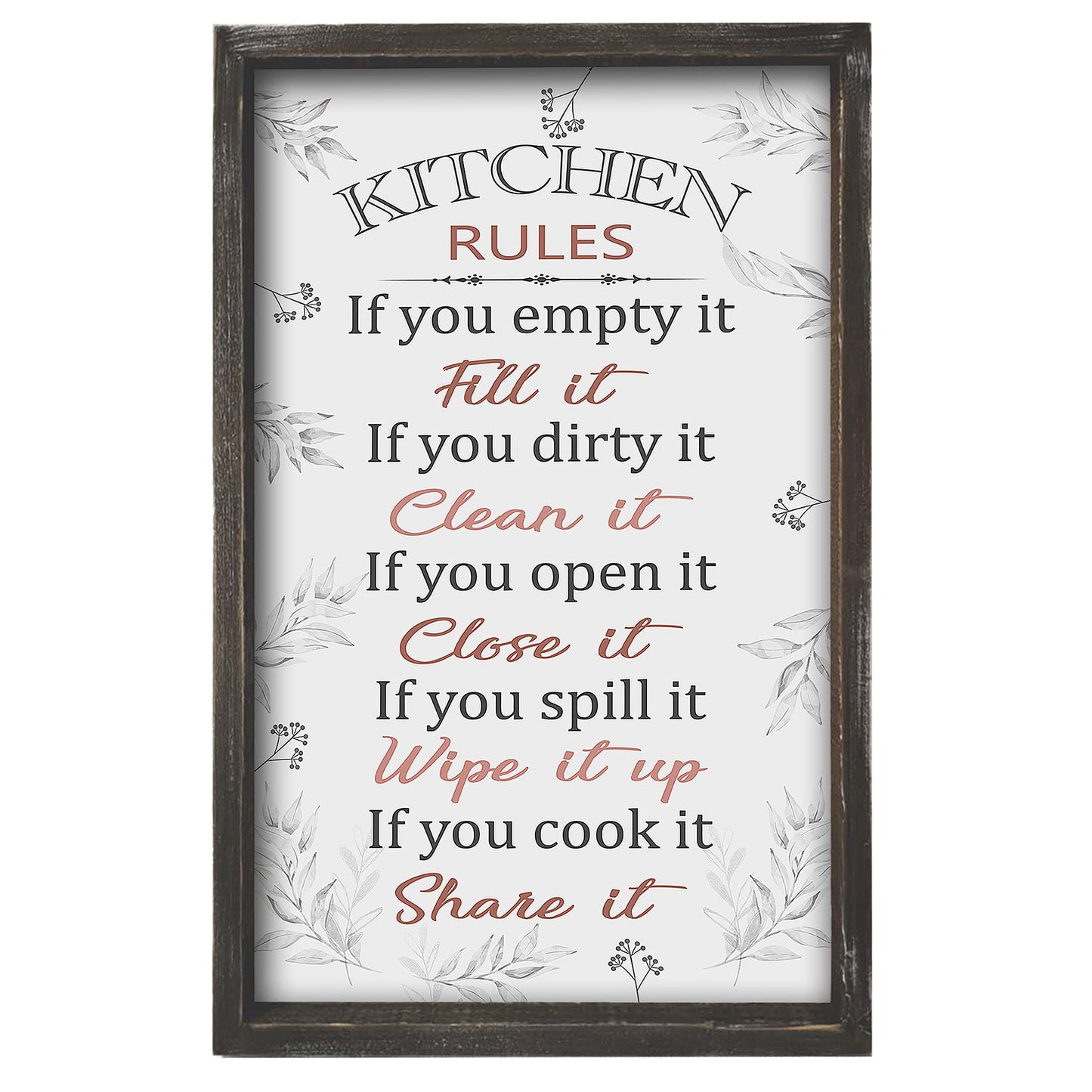 Buecasa Farmhouse Funny Kitchen Rules Sign - Rustic Country Wooden Frame Dinning Room Decorations 16x9.5 Inches Vertical